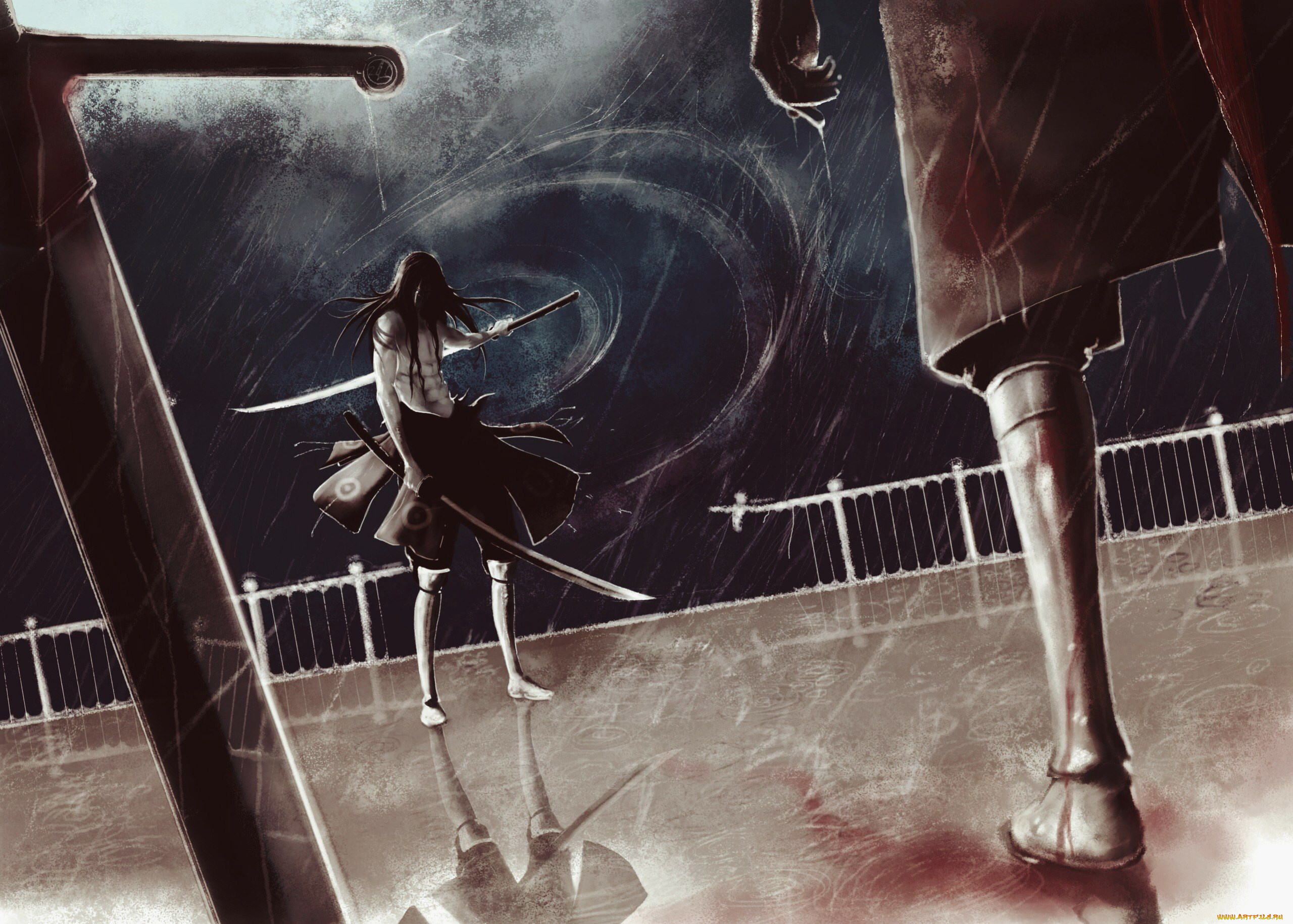 фэнтези, люди, мечи, дождь, оружие, парень, шторм