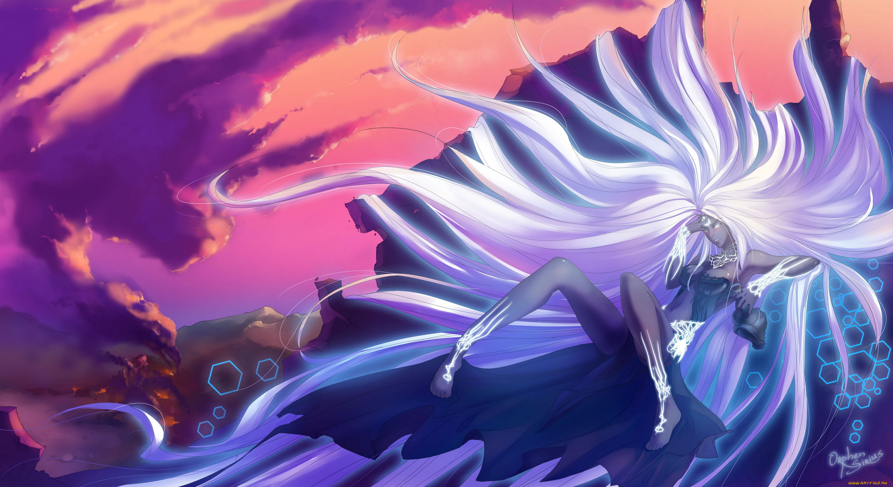 фэнтези, девушки, небо, задумчивость, белые, длинные, волосы, девушка, разрушения, богиня