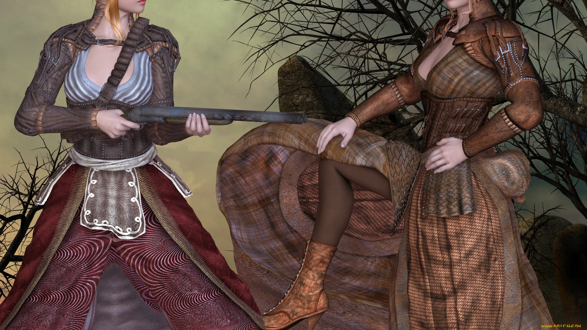 3д, графика, люди, , people, девушки, оружие, взгляд, фон