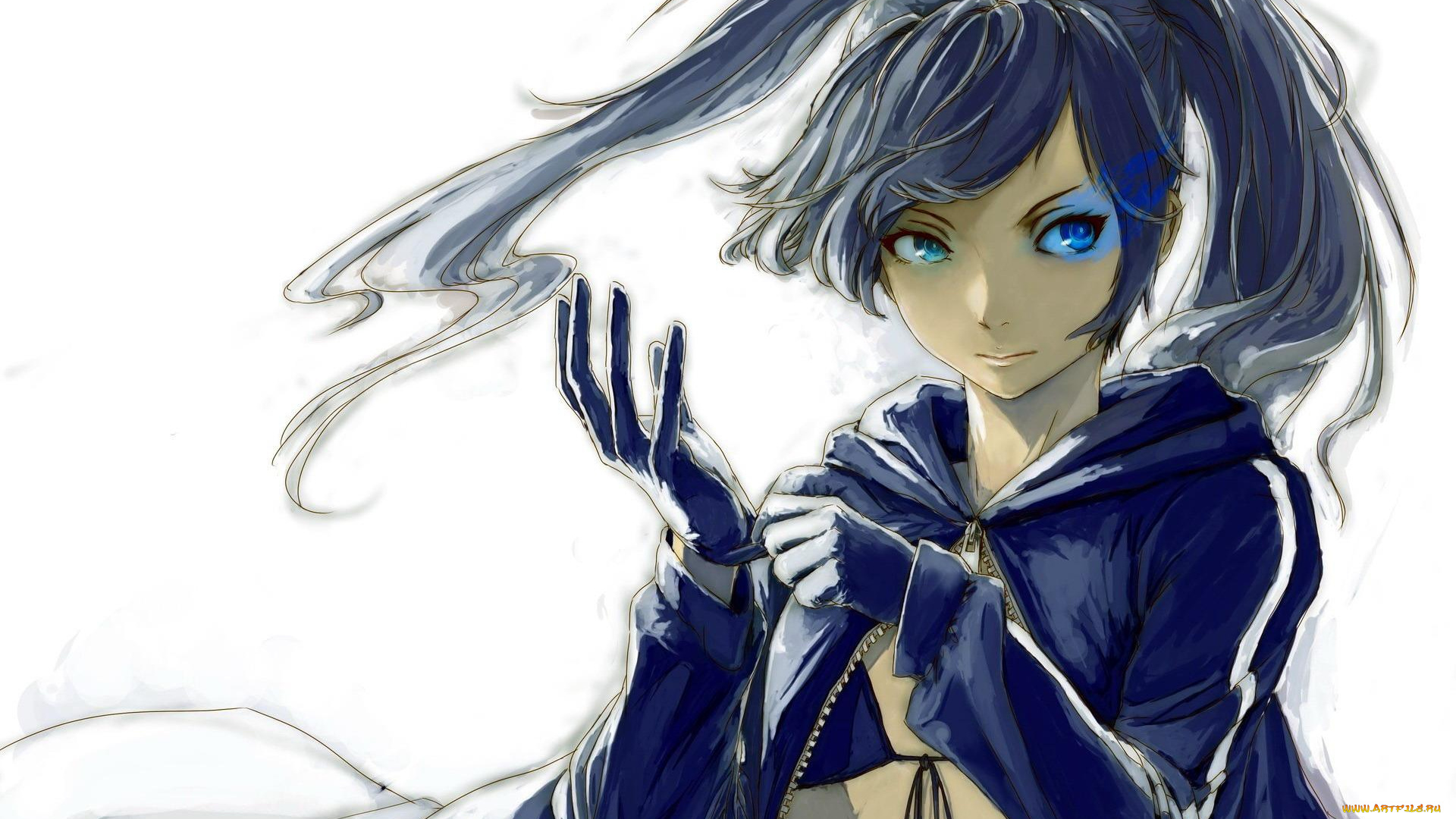 аниме, black, rock, shooter, плащ, перчатки, взгляд, девушка