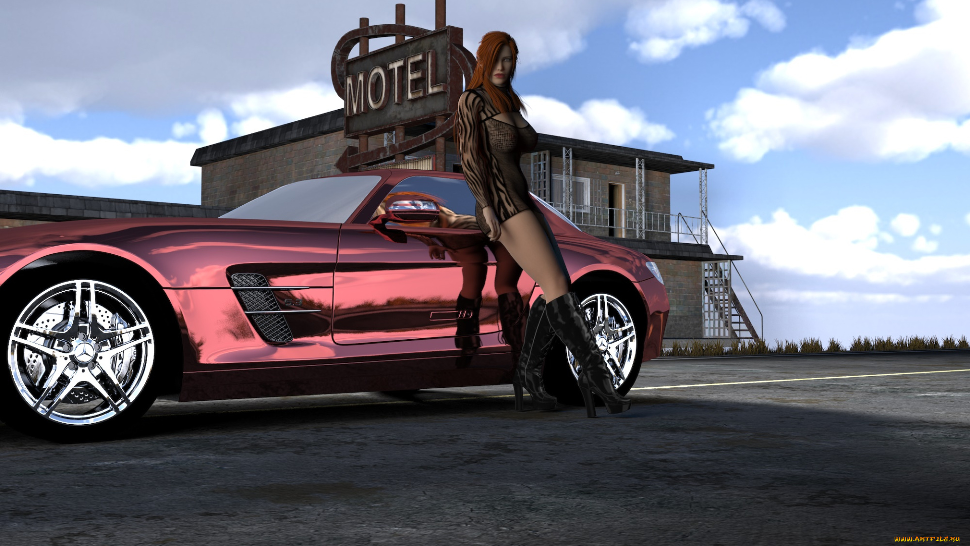 автомобили, 3d, car&girl, автомобиль, фон, взгляд, девушка