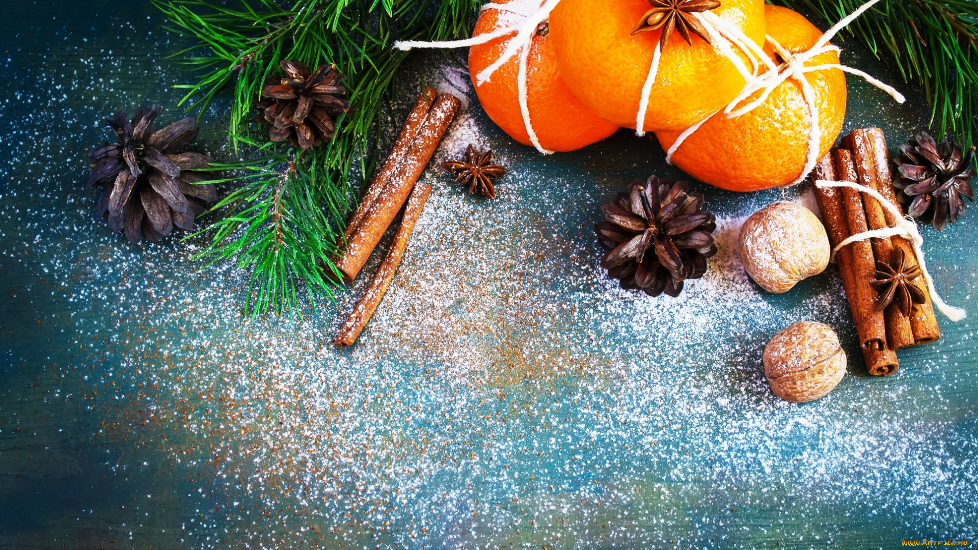 праздничные, угощения, ветка, ёлка, снег, орехи, корица, шишки, ваниль, апельсины