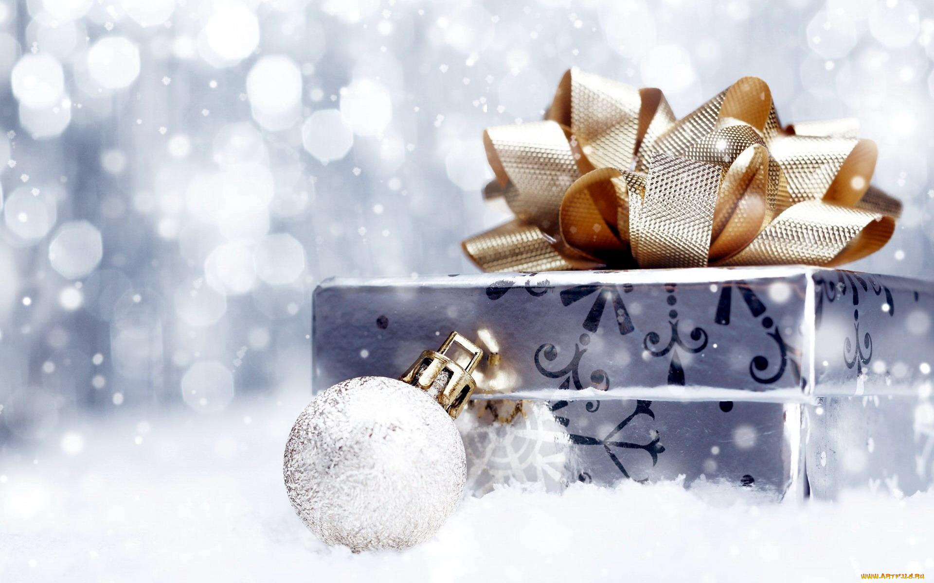 праздничные, подарки, и, коробочки, шарик, подарок, коробка, бант, блики, снег