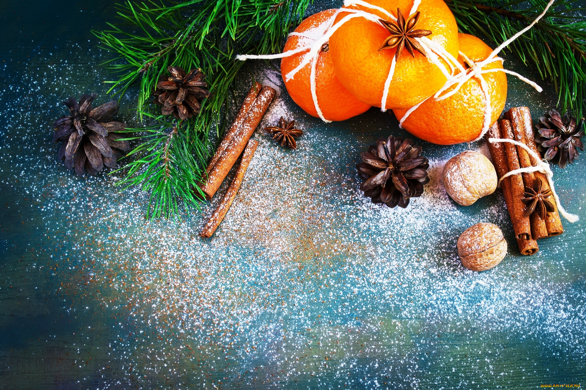 праздничные, угощения, ветка, ёлка, снег, орехи, корица, шишки, ваниль, апельсины