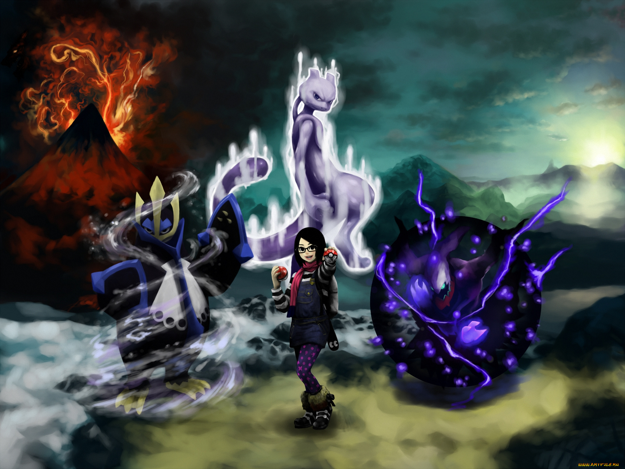 аниме, pokemon, pokeball, mewtwo, монстры, тренер, empoleon, вулкан, darkrai