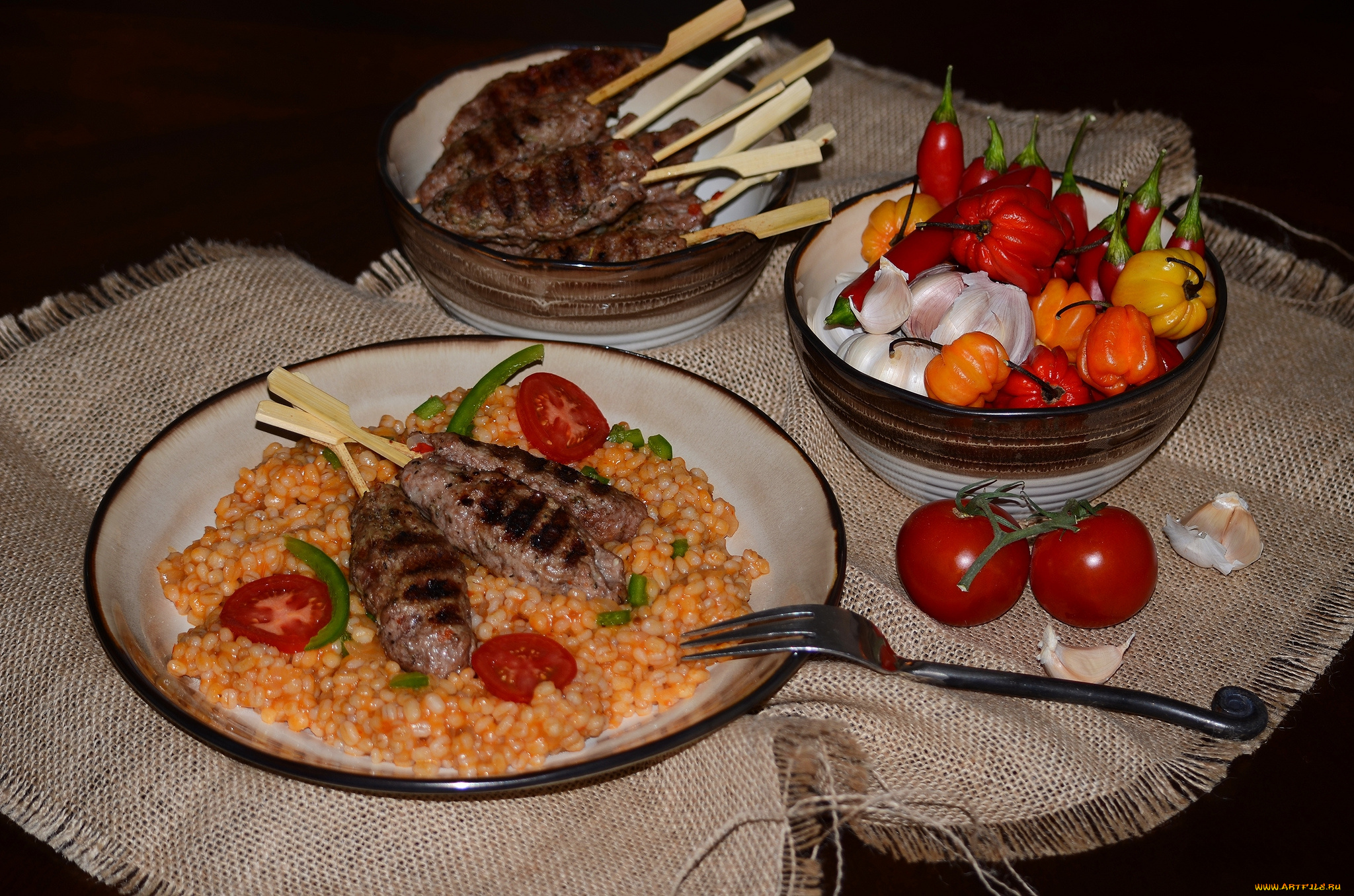 еда, разное, мясо, овощи, каша, помидоры, томаты