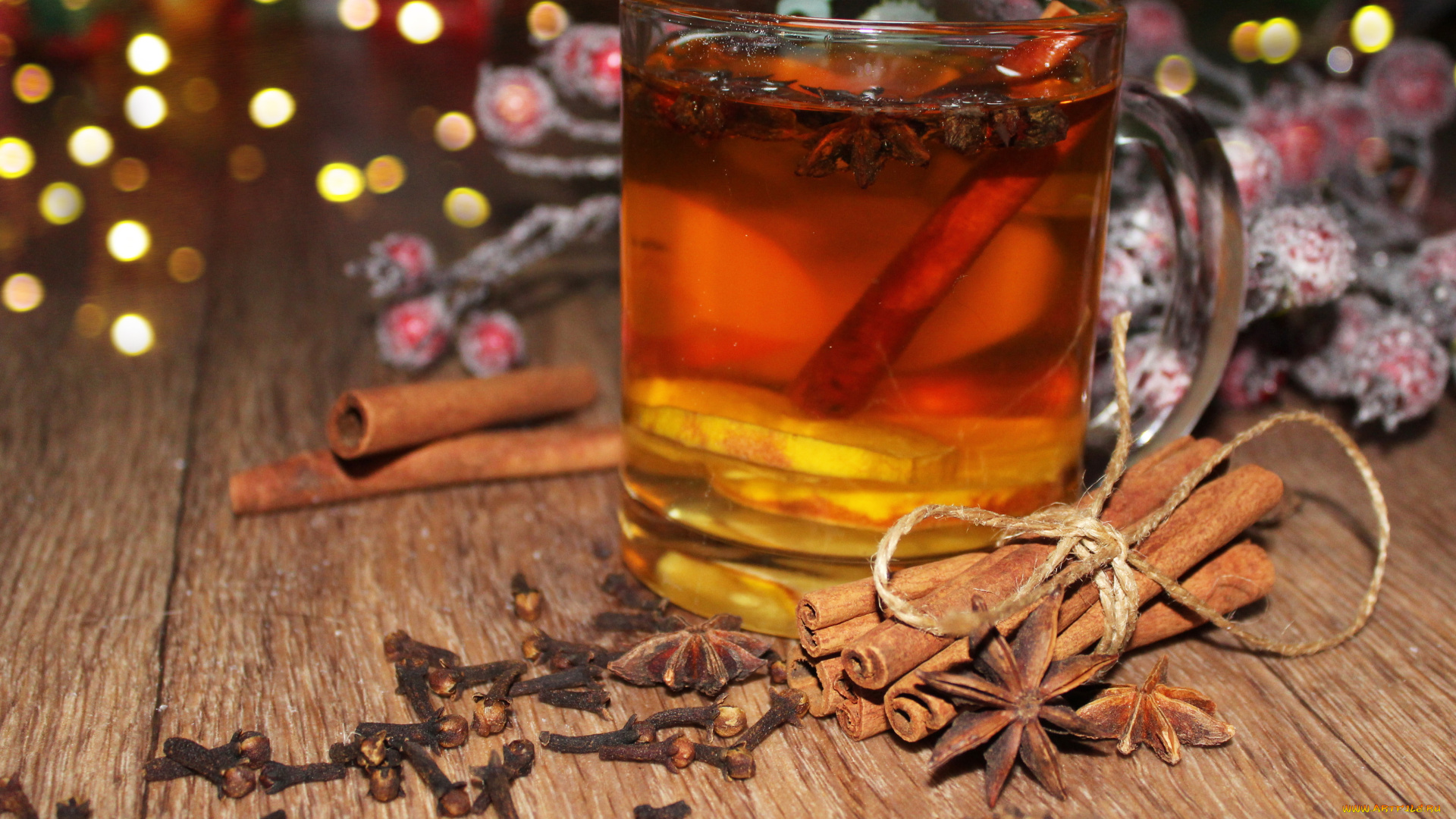 праздник, праздничные, -, разное, , новый, год, рождество, кружка, лимон, чай, гвоздика, ягоды, корица