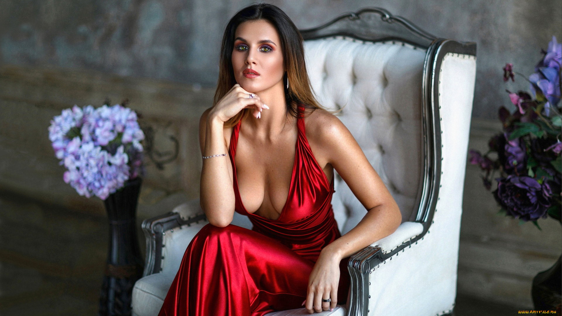 девушки, -unsort, , брюнетки, темноволосые, цветы, кресло, красное, платье