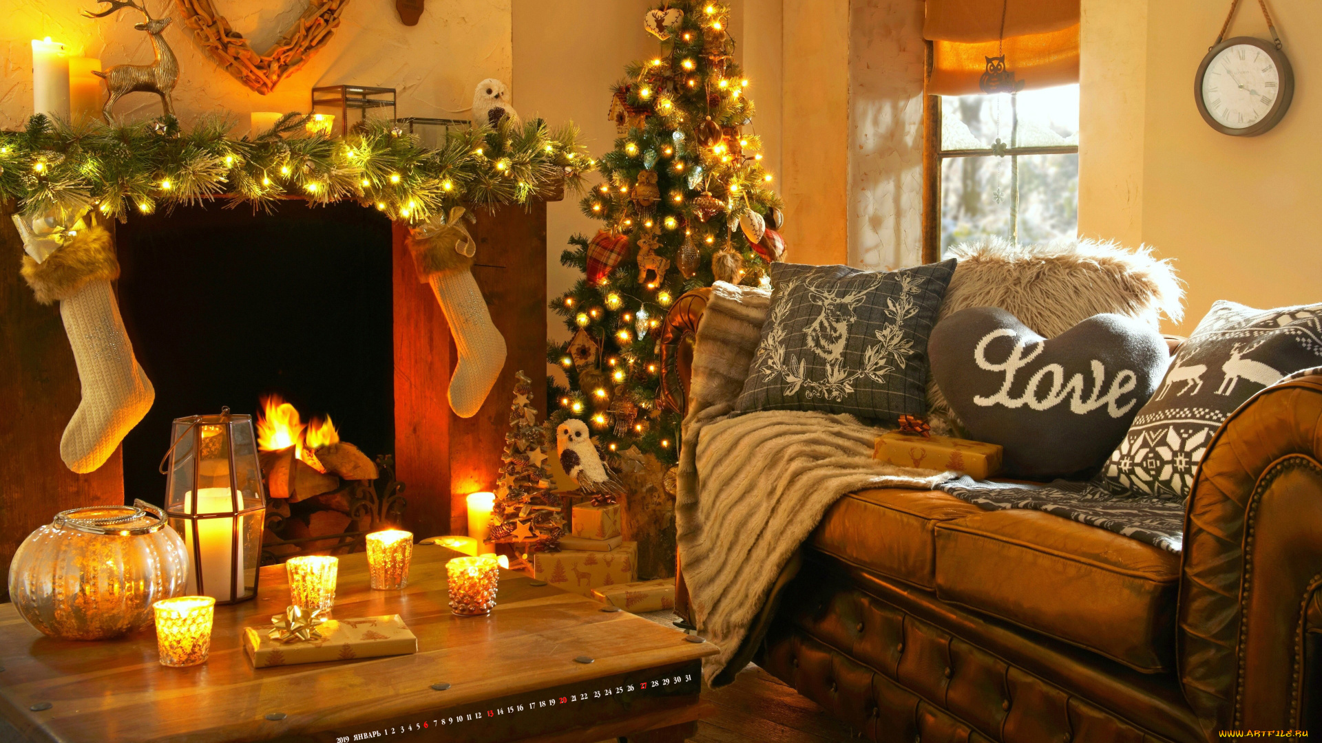 календари, праздники, , салюты, интерьер, елка, камин, комната, свеча