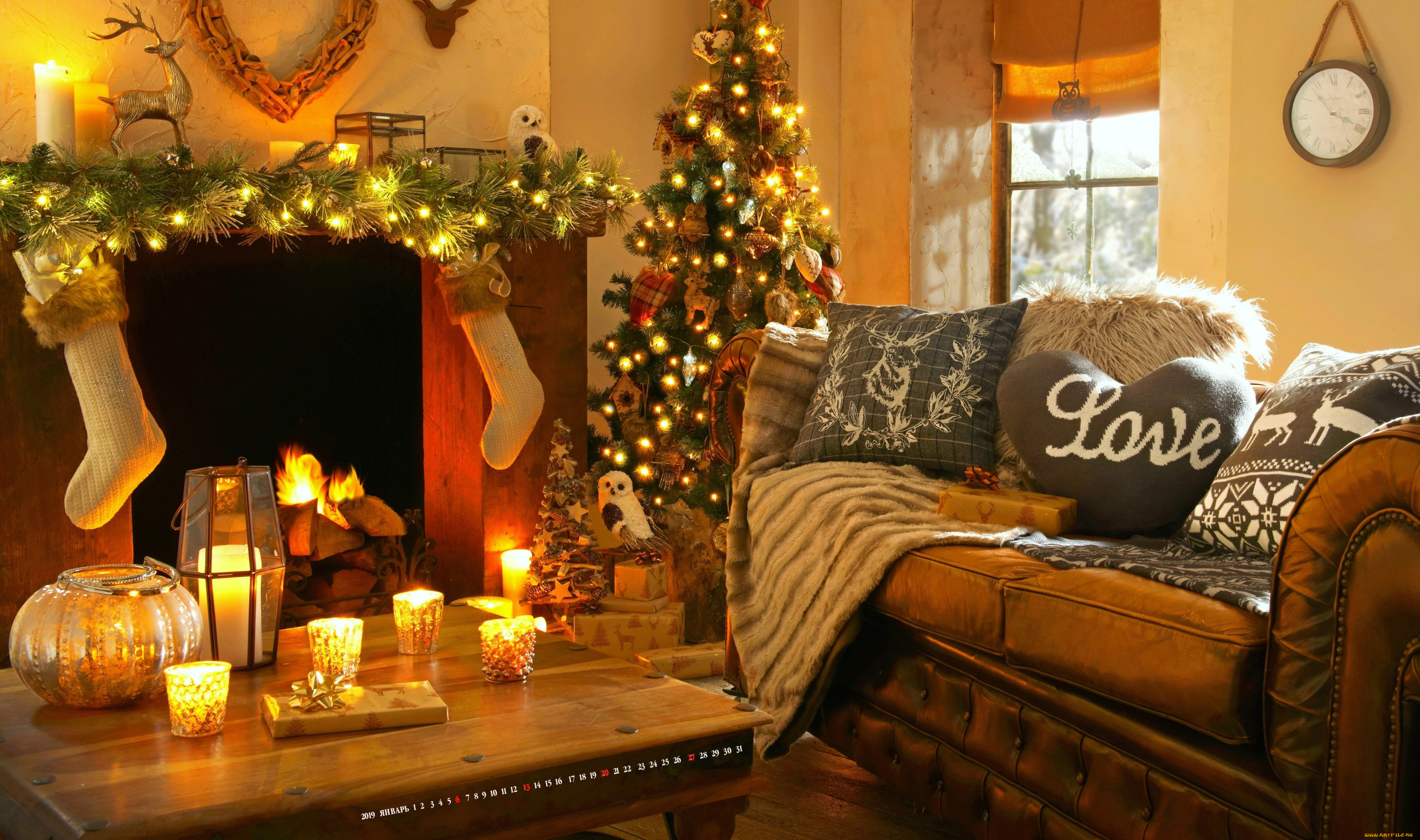 календари, праздники, , салюты, интерьер, елка, камин, комната, свеча