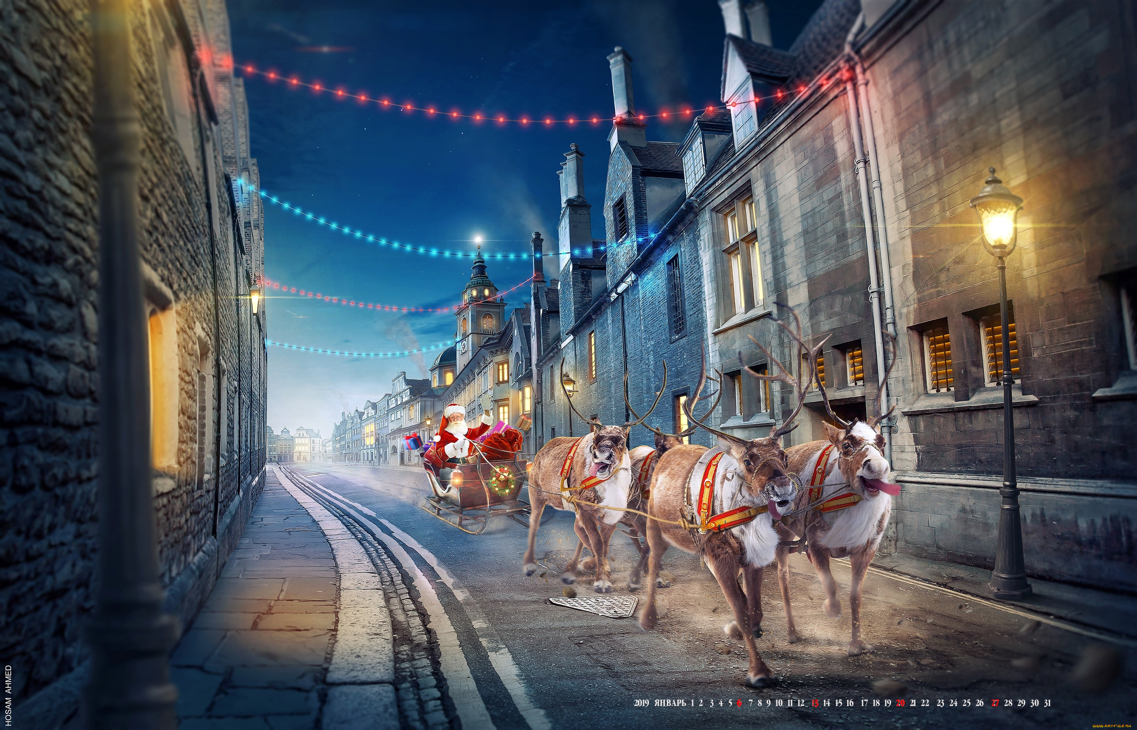 календари, праздники, , салюты, здание, фонарь, санта, клаус, олень