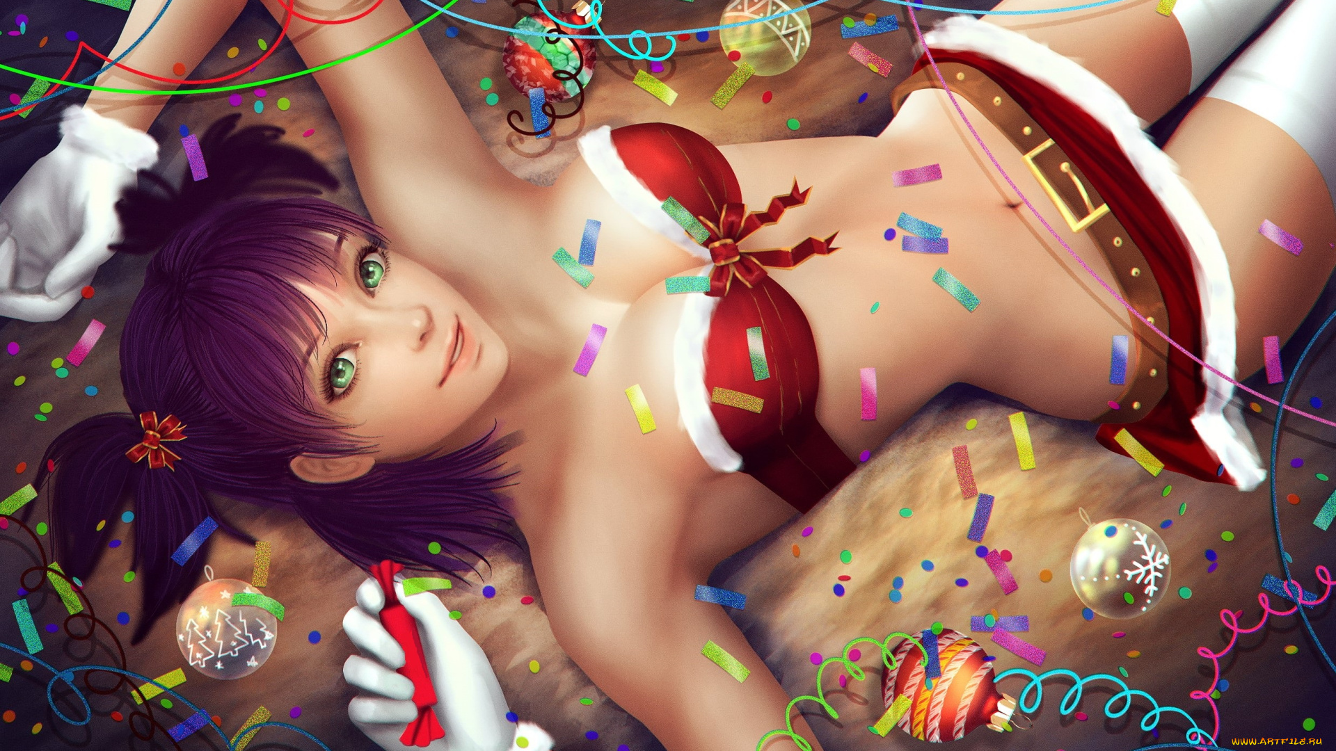 аниме, зима, , новый, год, , рождество, девушка, конфетти, конфеты, украшения