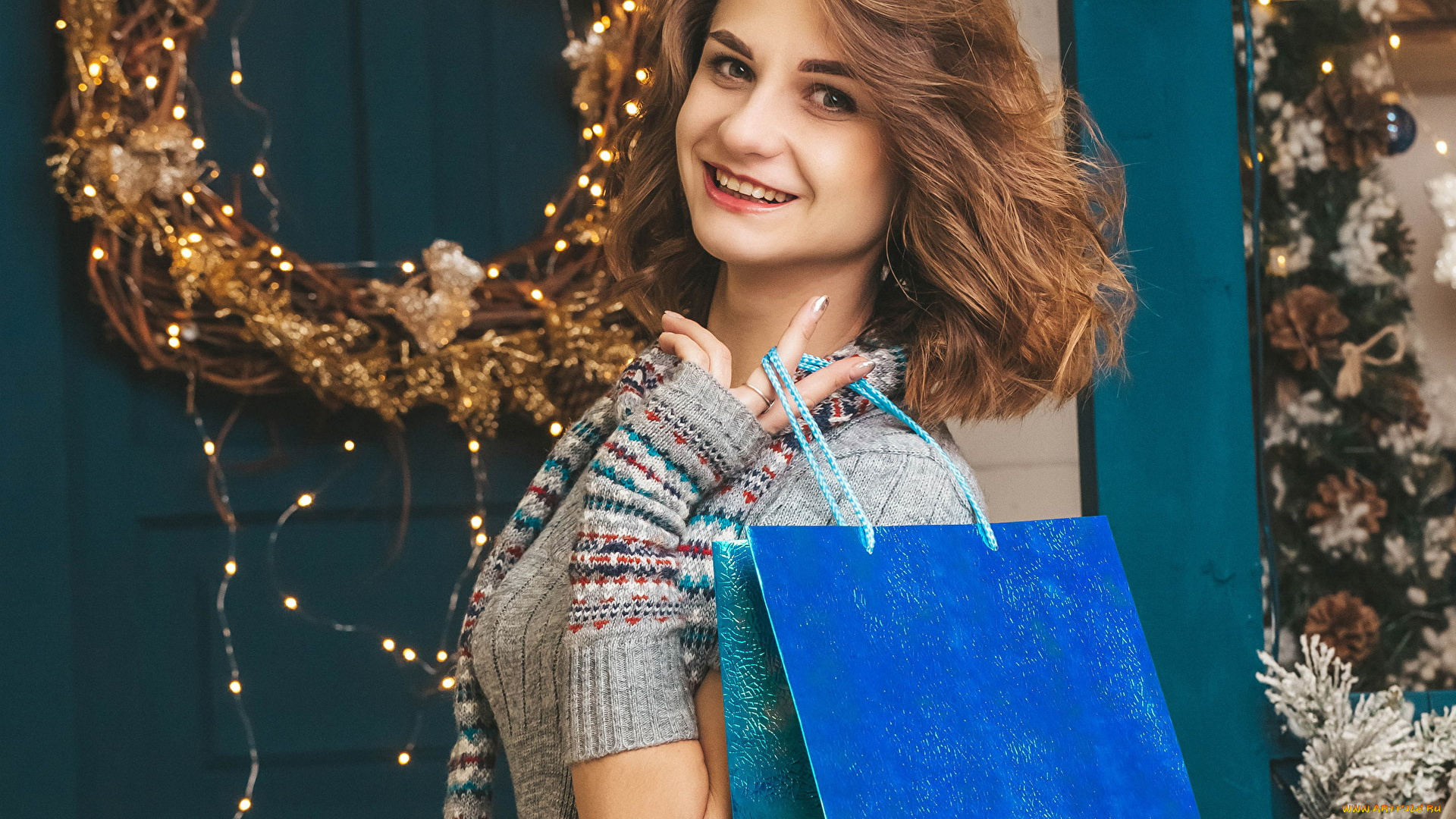 девушки, -, брюнетки, , шатенки, шатенка, свитер, перчатки, пакет, венок, дверь