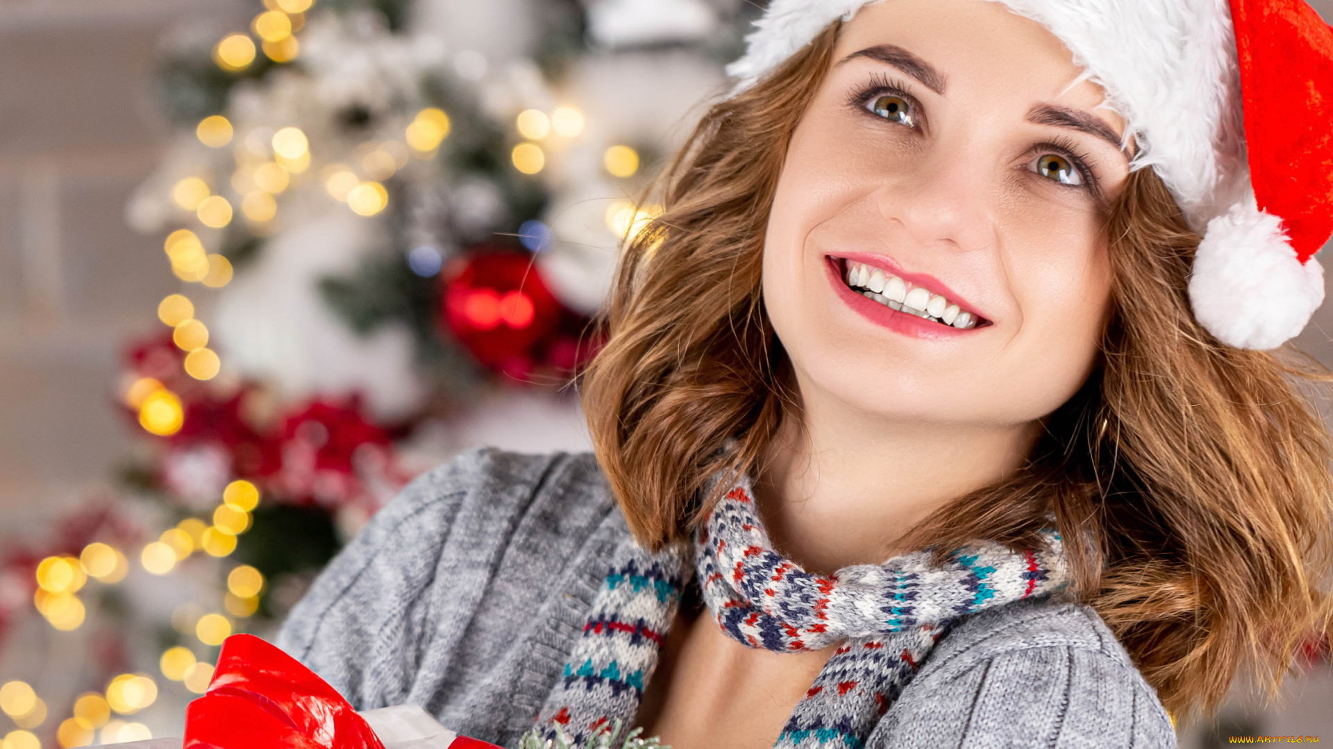 девушки, -, снегурочки, шатенка, колпак, улыбка, шарф, подарок