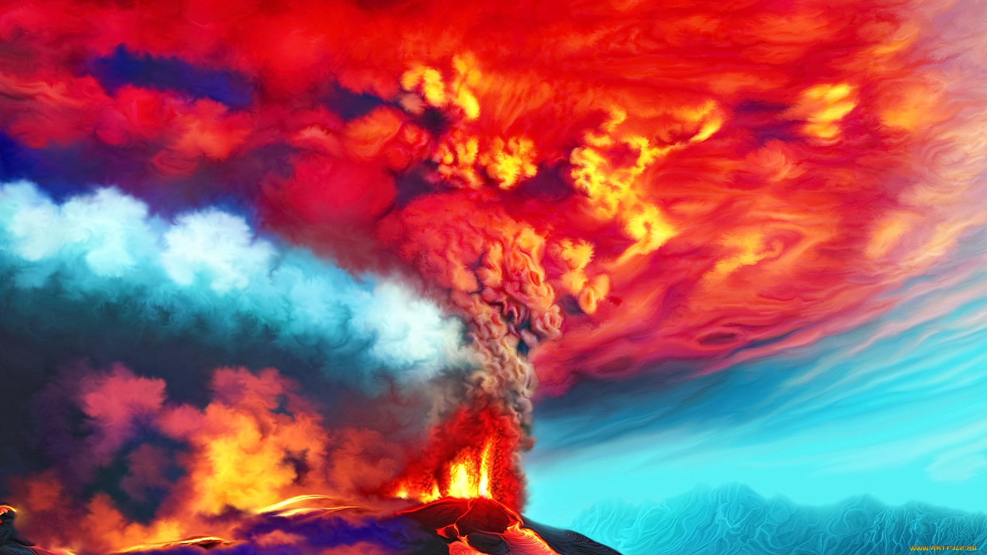 nina, vels, рисованное, природа, nina, vels, erupting, volcano
