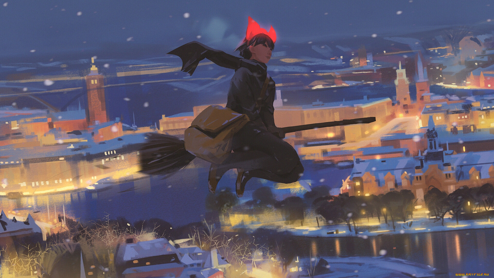 фэнтези, маги, , волшебники, девушка, ведьма, сумка, метла, полет, город, огни