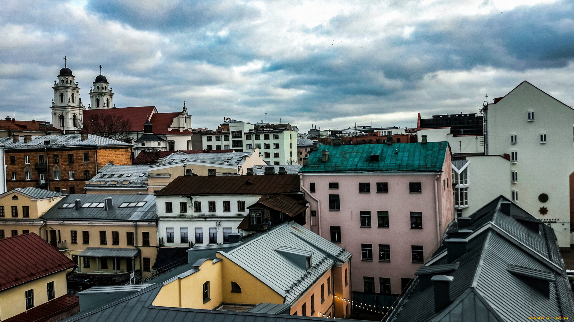 города, минск, , беларусь, осень, вид, дома, здания, церковь, минск, крыши, город