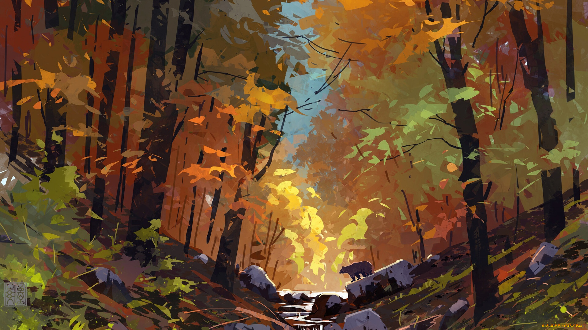 рисованное, животные, , медведи, лес, осень, медведь, ручей, камни