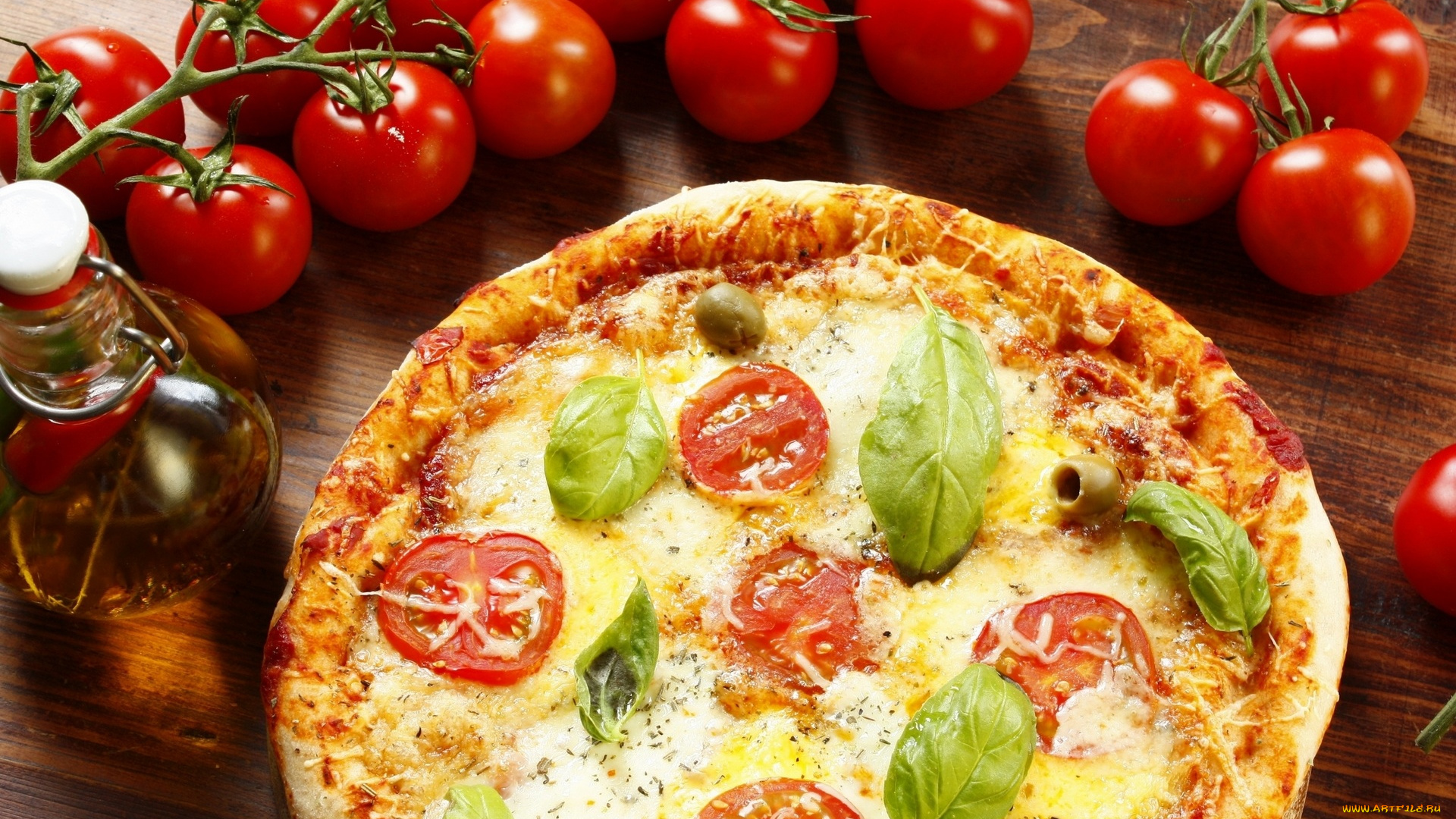 еда, пицца, помидоры, бутылка, масло