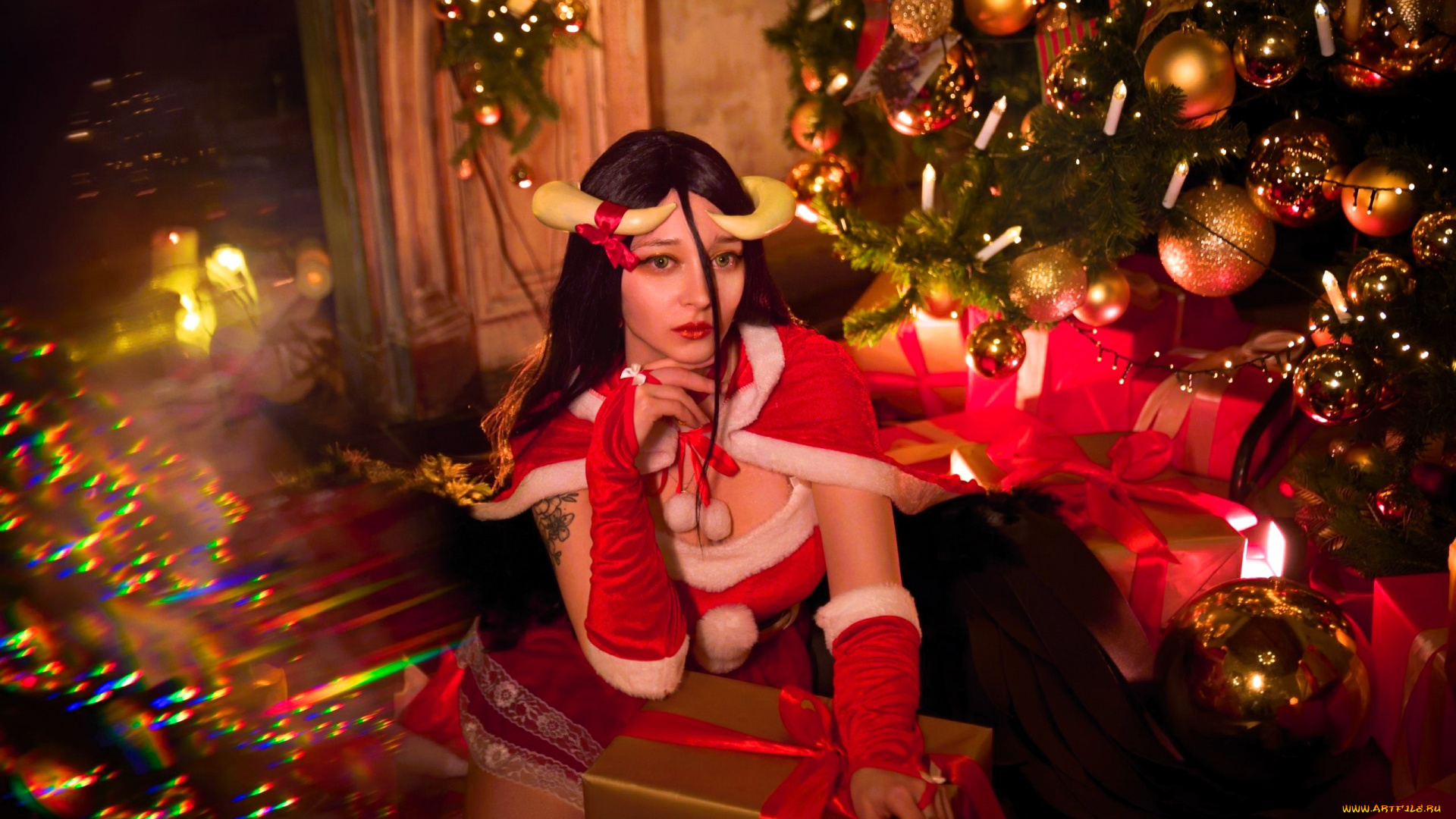 девушки, -, креатив, , косплей, образ, костюм, косплей, ёлка, подарки, рога, новый, год