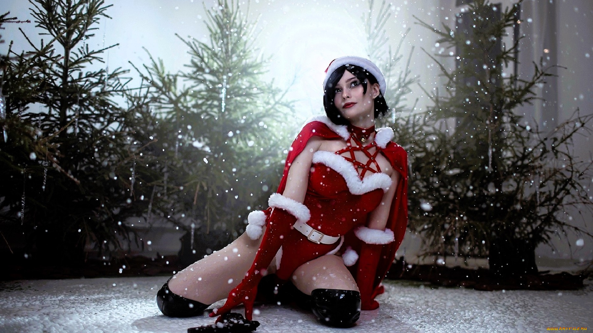 девушки, -, креатив, , косплей, образ, костюм, косплей, сапоги, снег, ёлки, дом