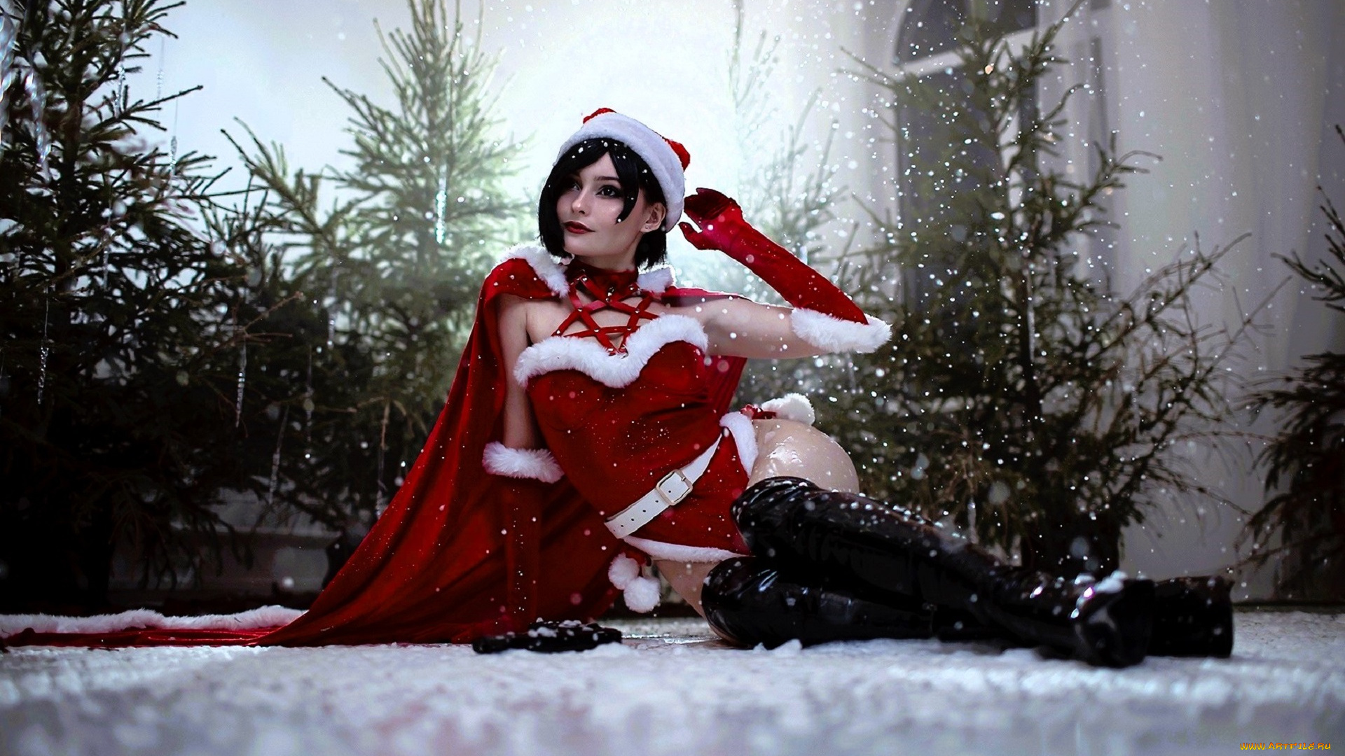 девушки, -, креатив, , косплей, образ, костюм, косплей, сапоги, снег, ёлки, дом