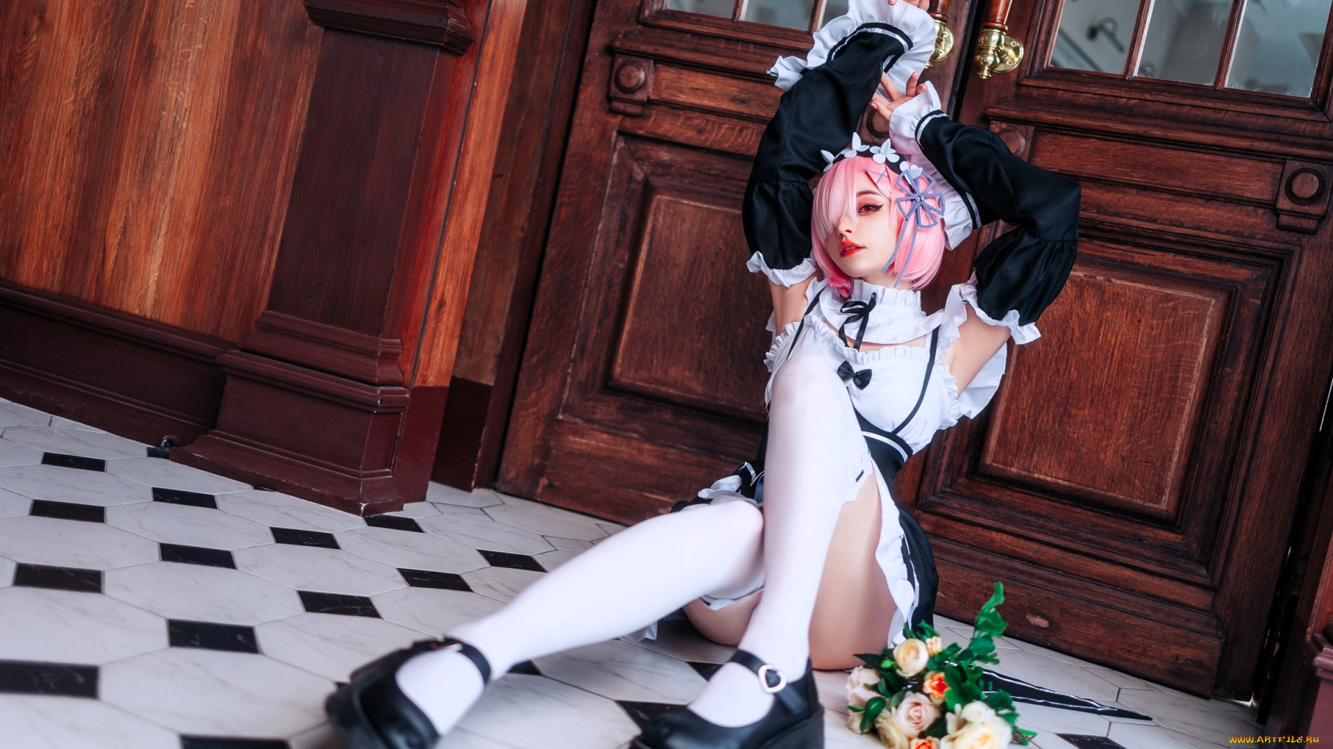 девушки, tenletters, образ, костюм, косплей, горничная, букет, двери