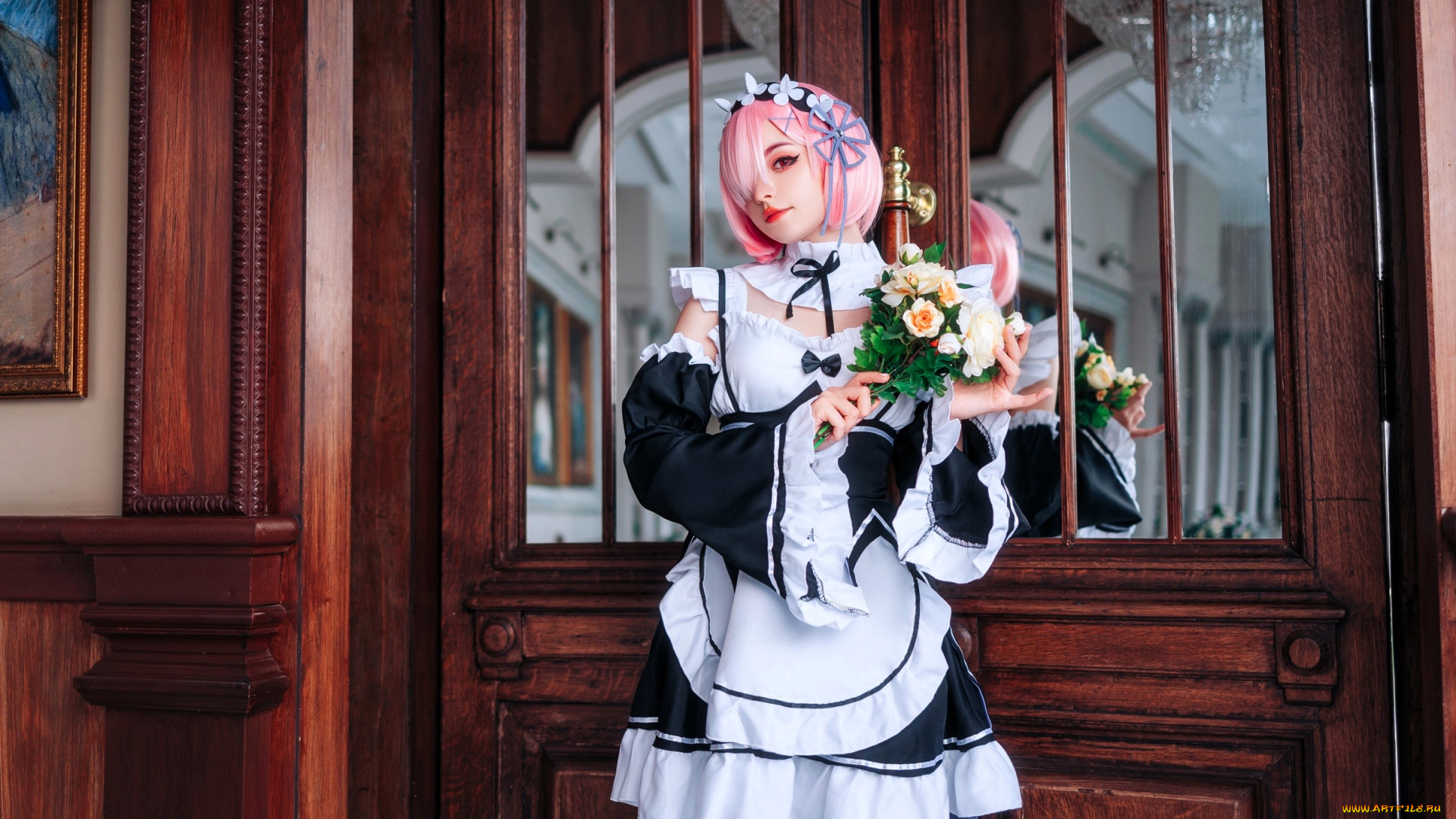 девушки, tenletters, образ, костюм, косплей, горничная, букет, двери