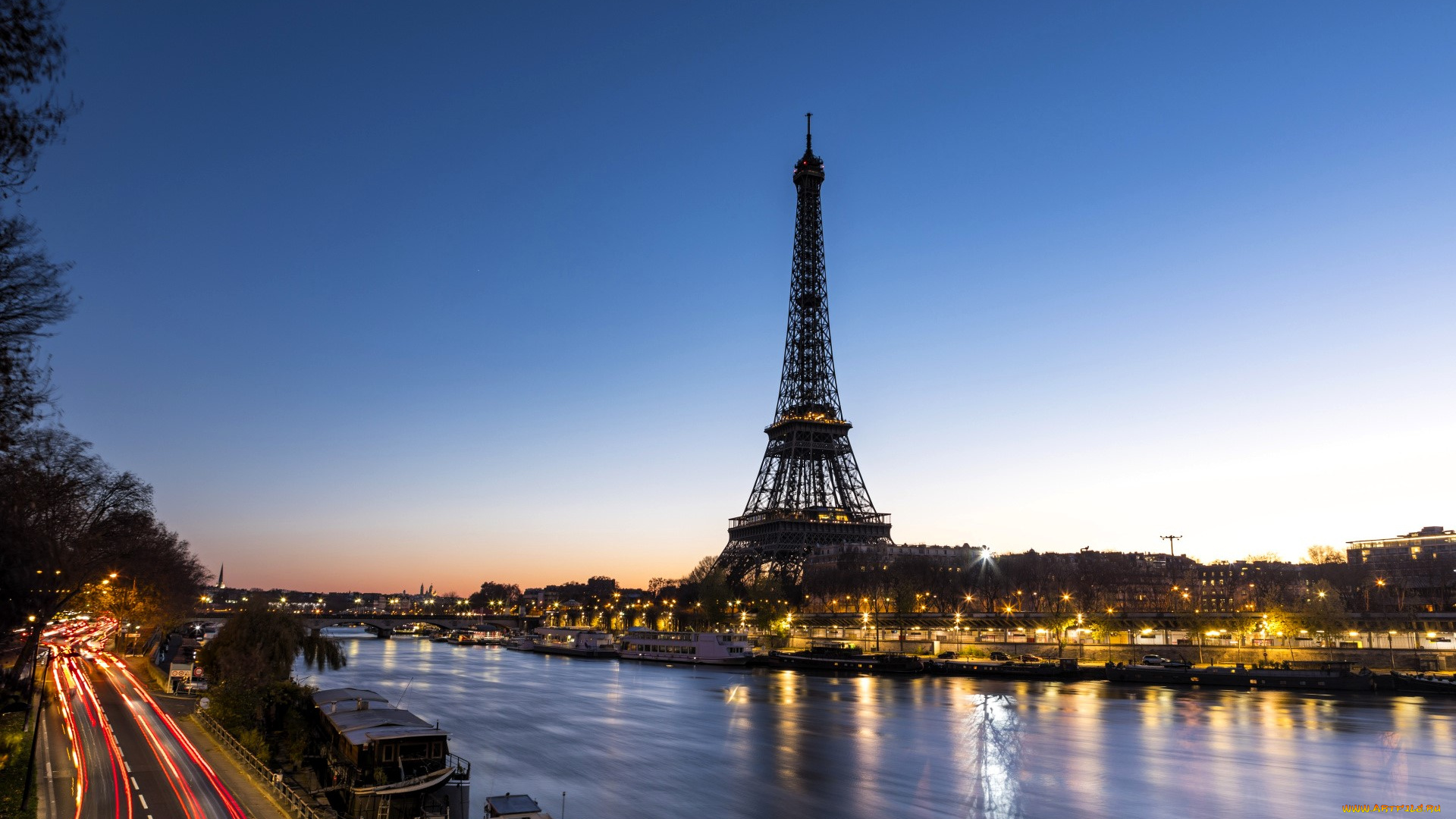 города, париж, , франция, башня, дома, здания, огни, берега, река, деревья