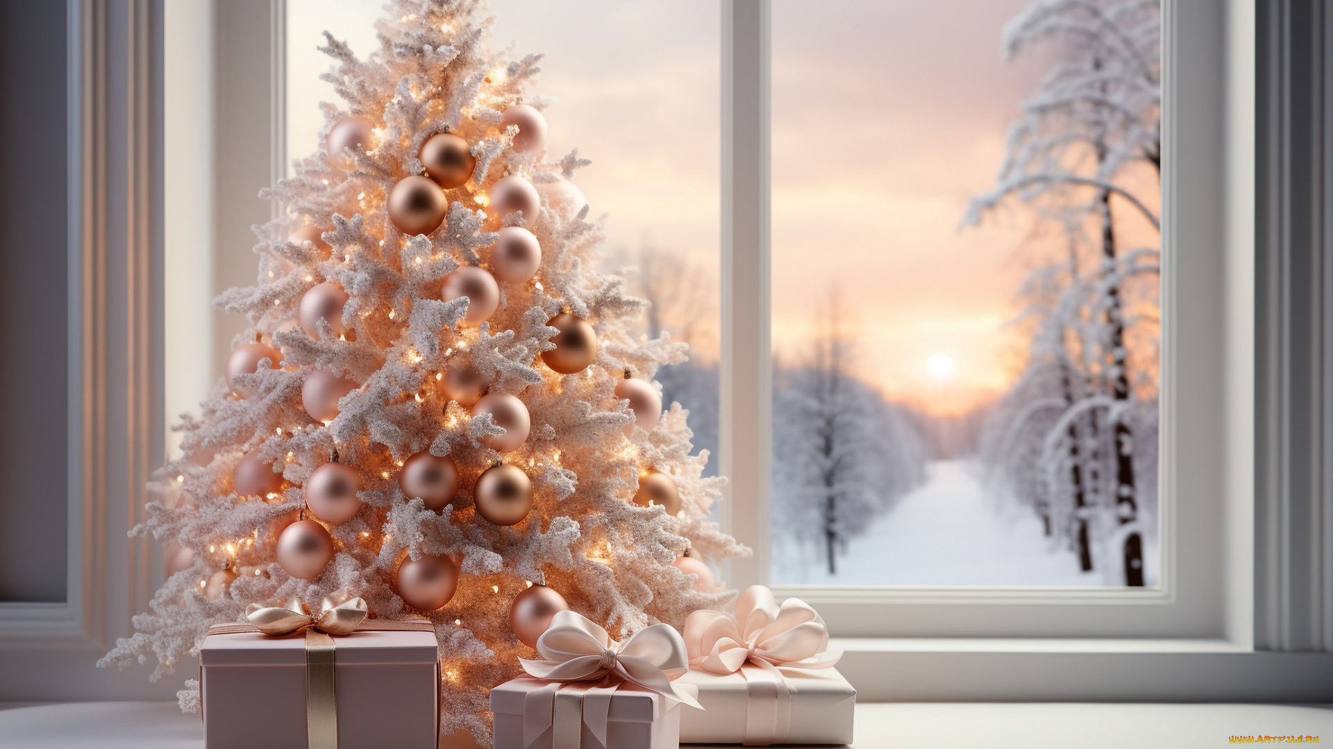 праздничные, ёлки, ёлка, подарки, окно, лес, снег