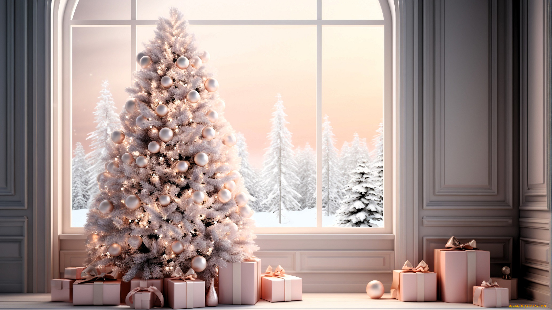 праздничные, ёлки, ёлка, подарки, окно, лес, снег