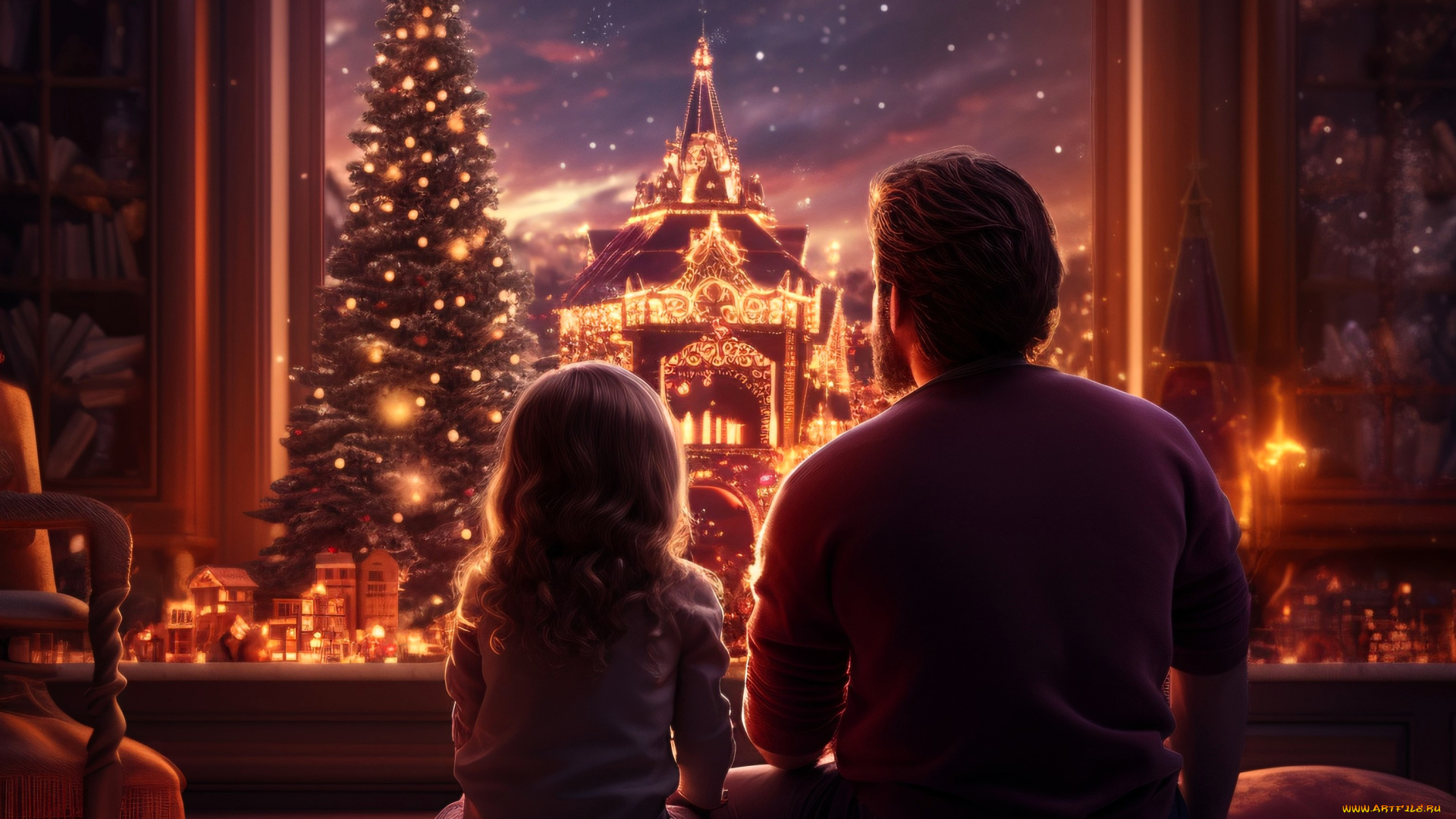 разное, компьютерный, дизайн, папа, дочка, ковер, окно, ёлка, подарки, огни, храм