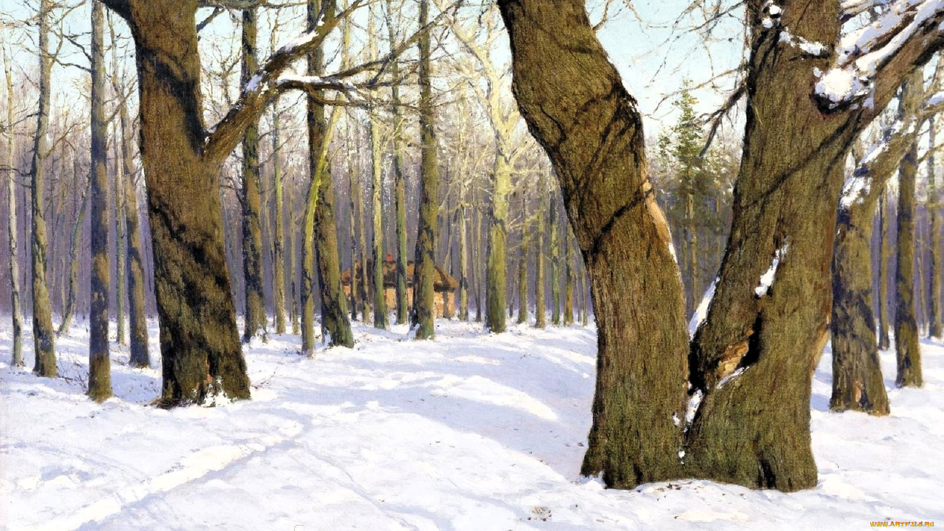 рисованное, константин, крыжицкий, лес, снег, зима, дом