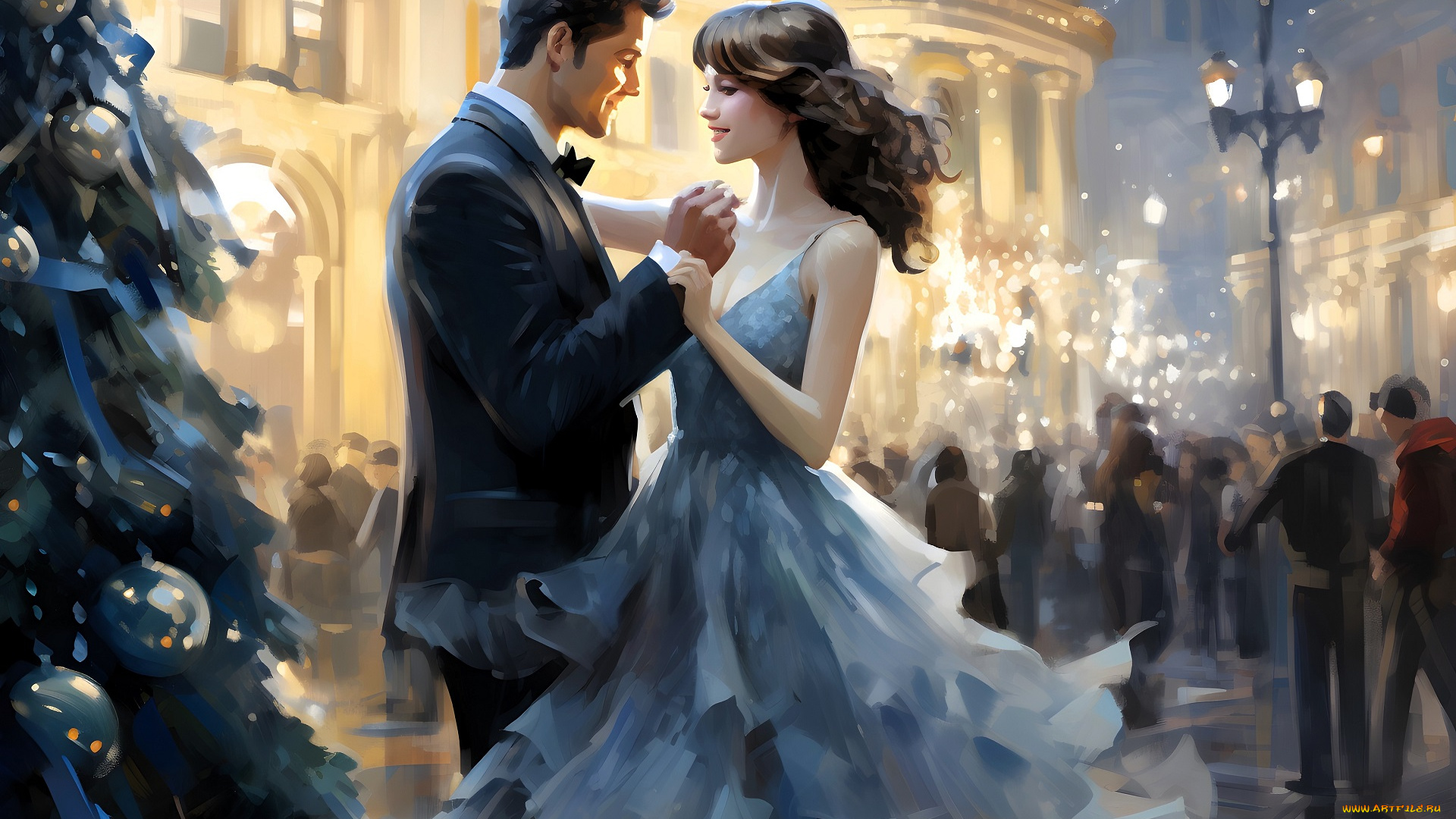 рисованное, люди, пара, танец, ёлка, дома, новый, год