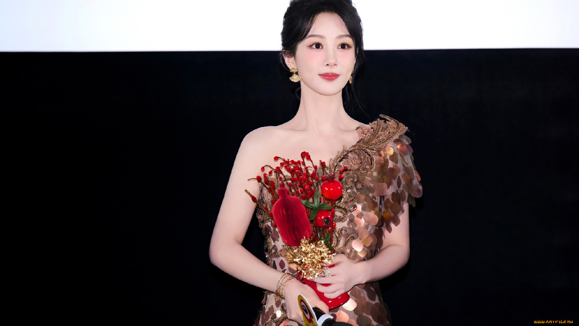 yang, zi, девушки, -, азиатки, брюнетка, платье, микрофон, награда