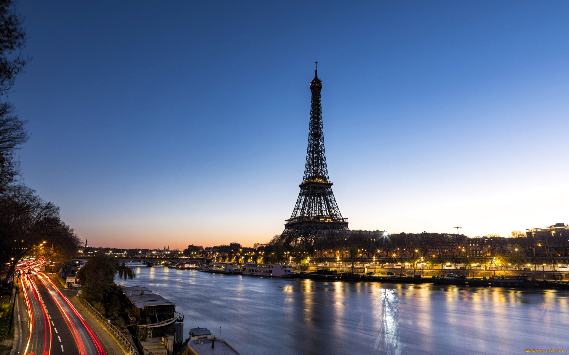 города, париж, , франция, башня, дома, здания, огни, берега, река, деревья
