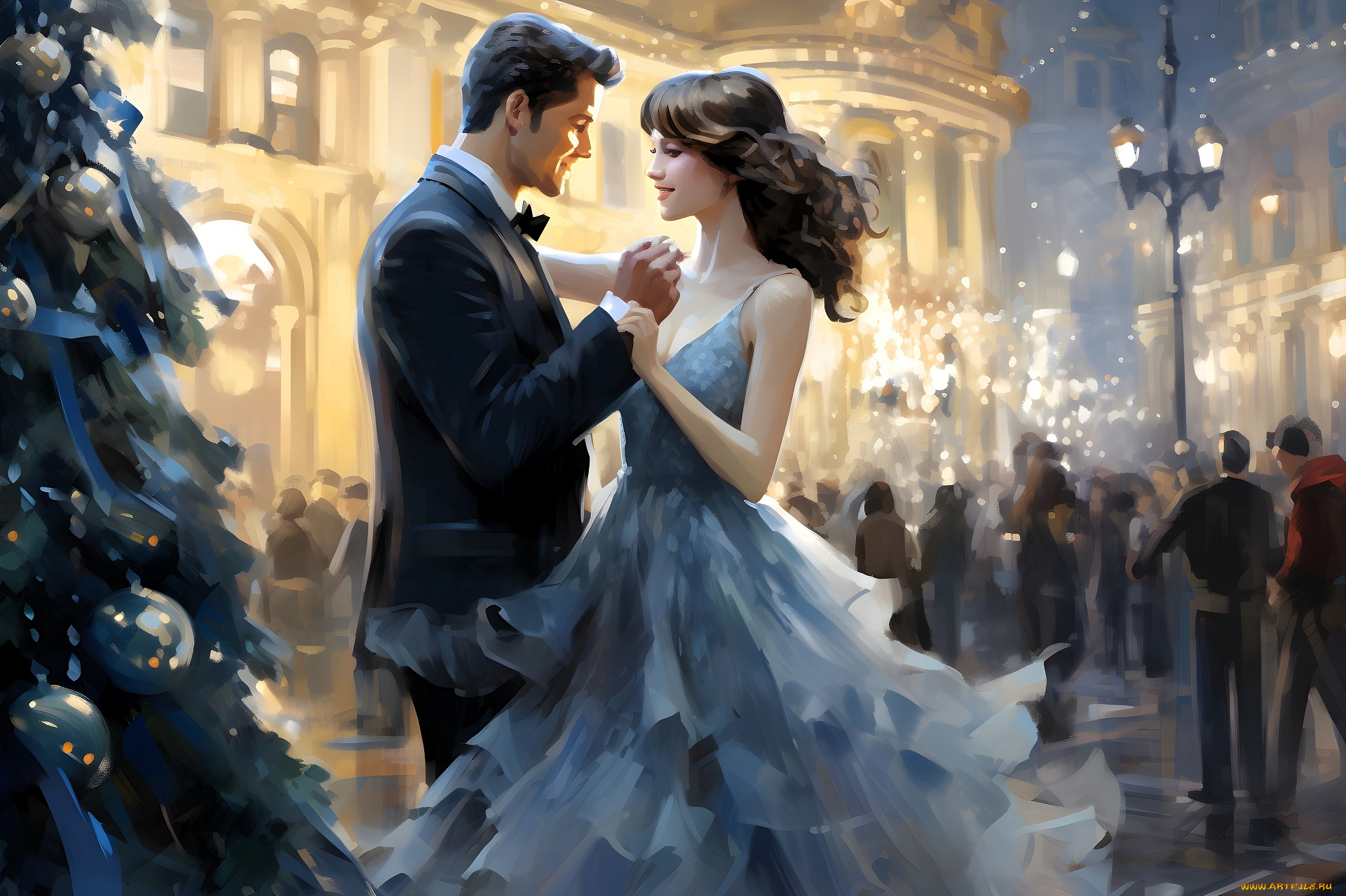 рисованное, люди, пара, танец, ёлка, дома, новый, год