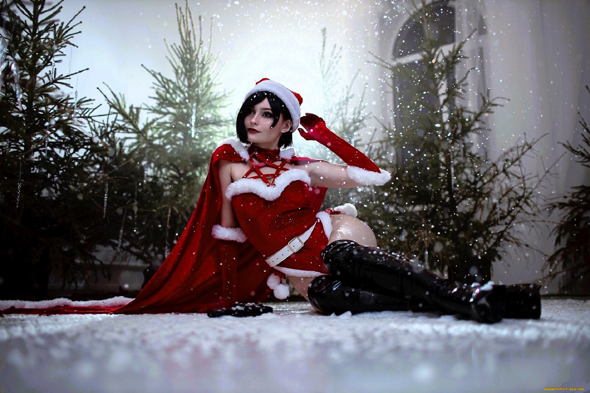 девушки, -, креатив, , косплей, образ, костюм, косплей, сапоги, снег, ёлки, дом