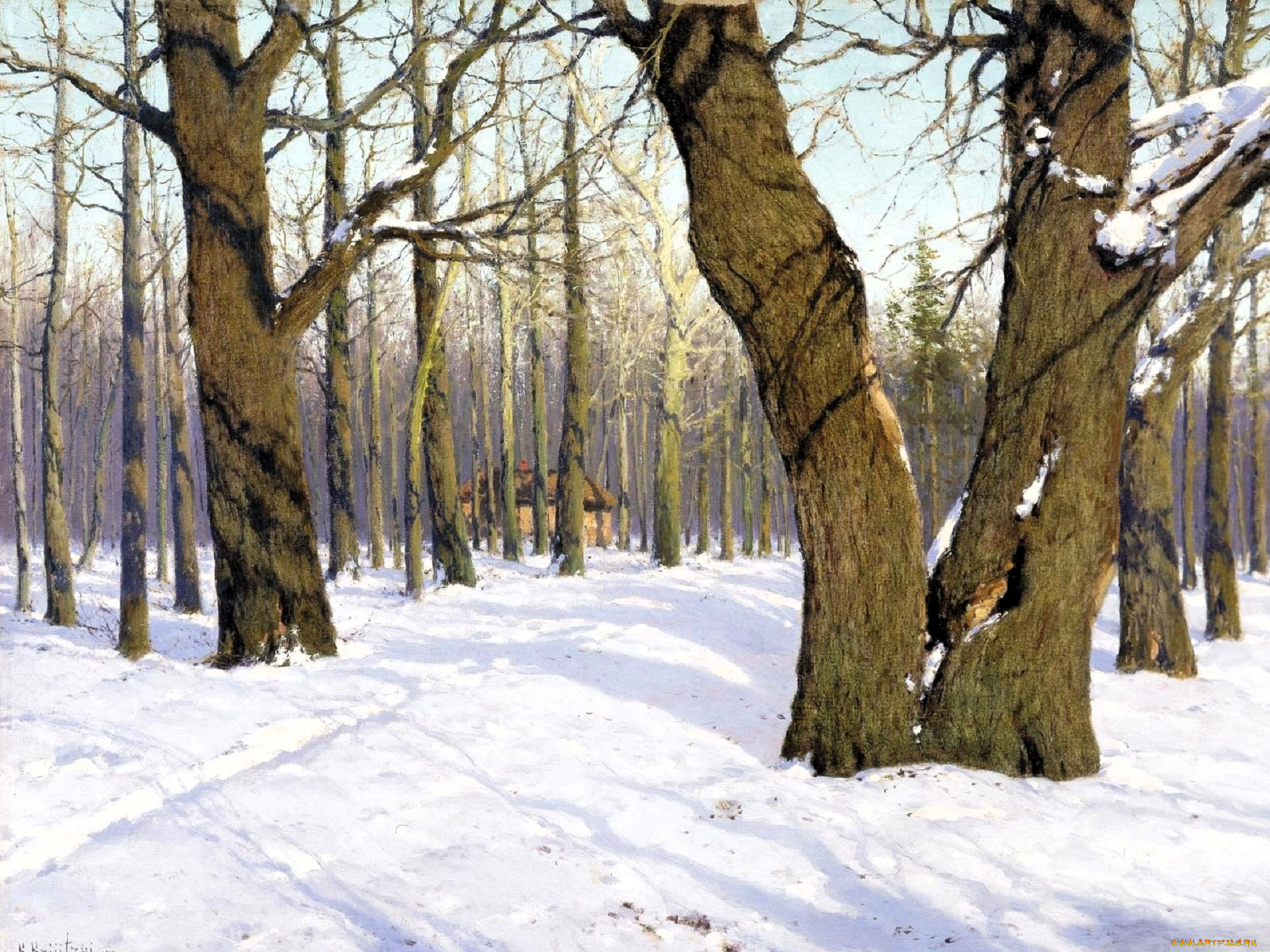 рисованное, константин, крыжицкий, лес, снег, зима, дом