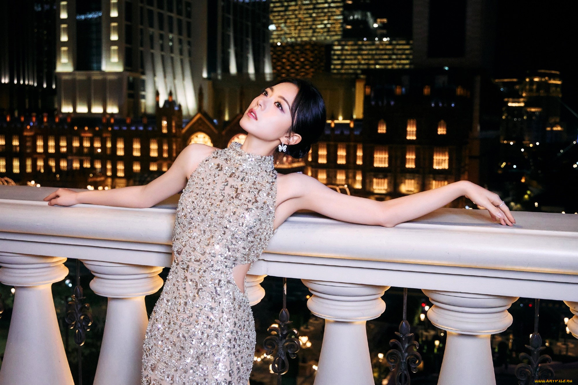 zhao, jinmai, девушки, -, азиатки, брюнетка, платье, перила, балкон, здания, огни