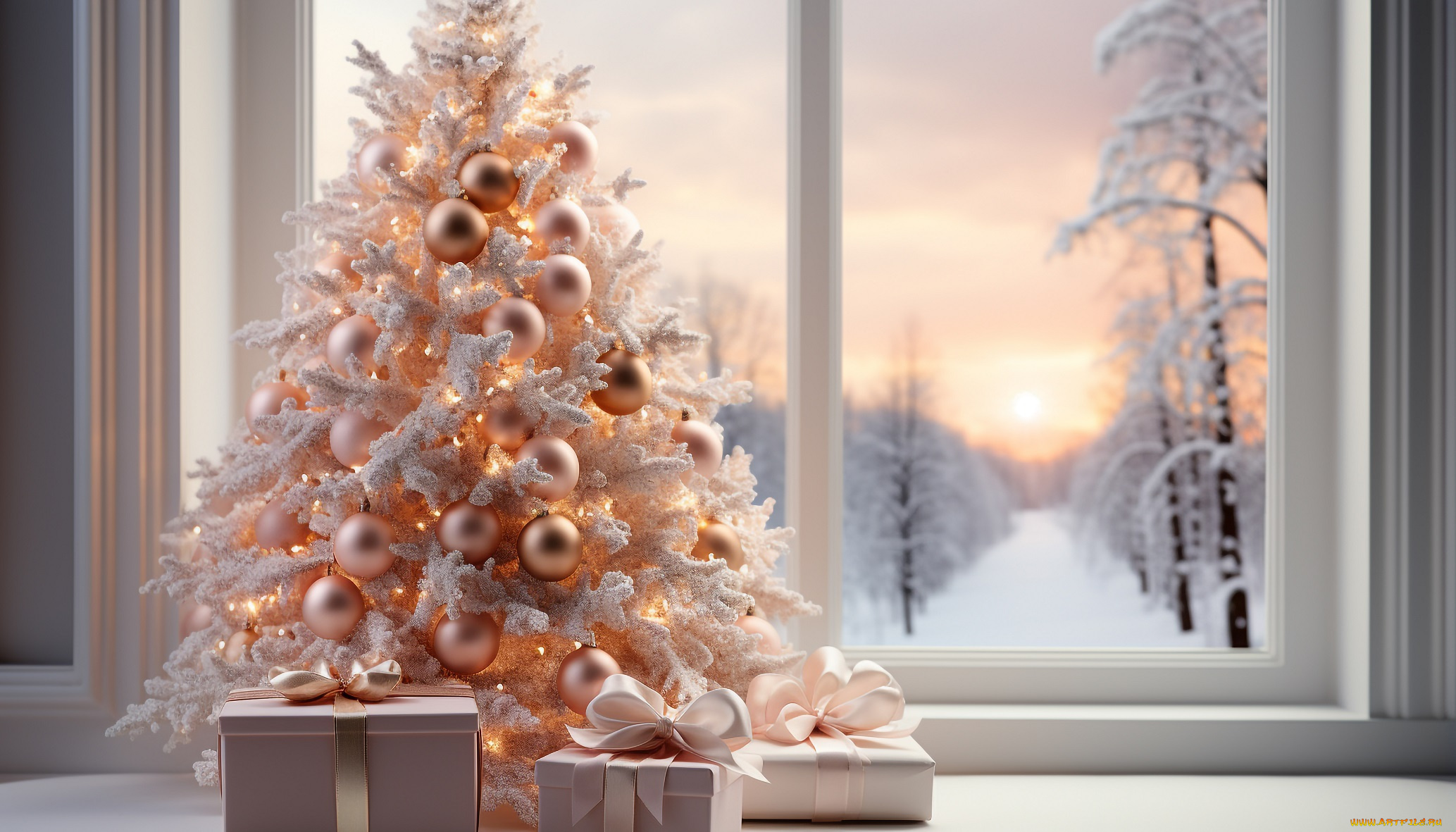праздничные, ёлки, ёлка, подарки, окно, лес, снег