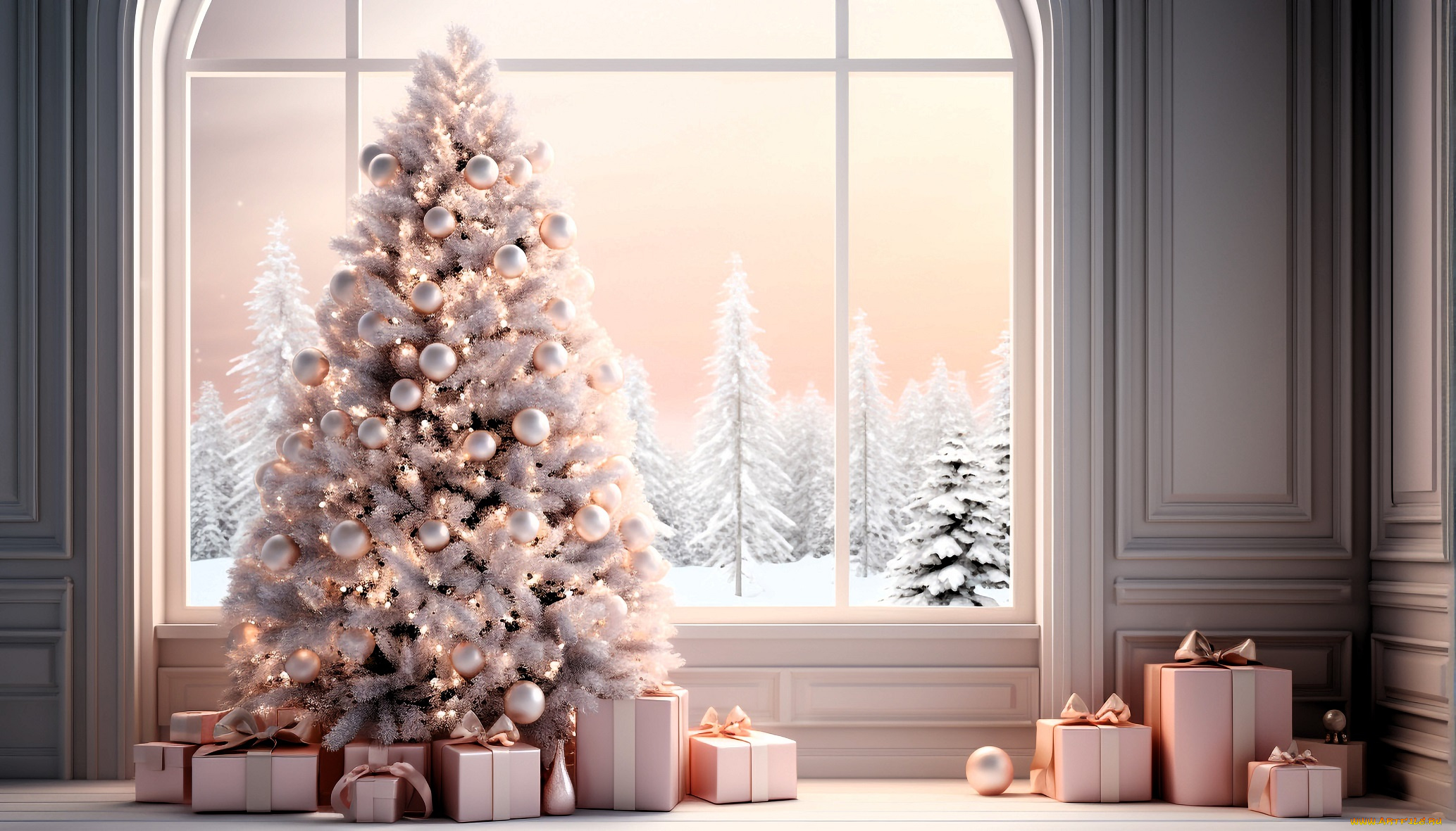 праздничные, ёлки, ёлка, подарки, окно, лес, снег