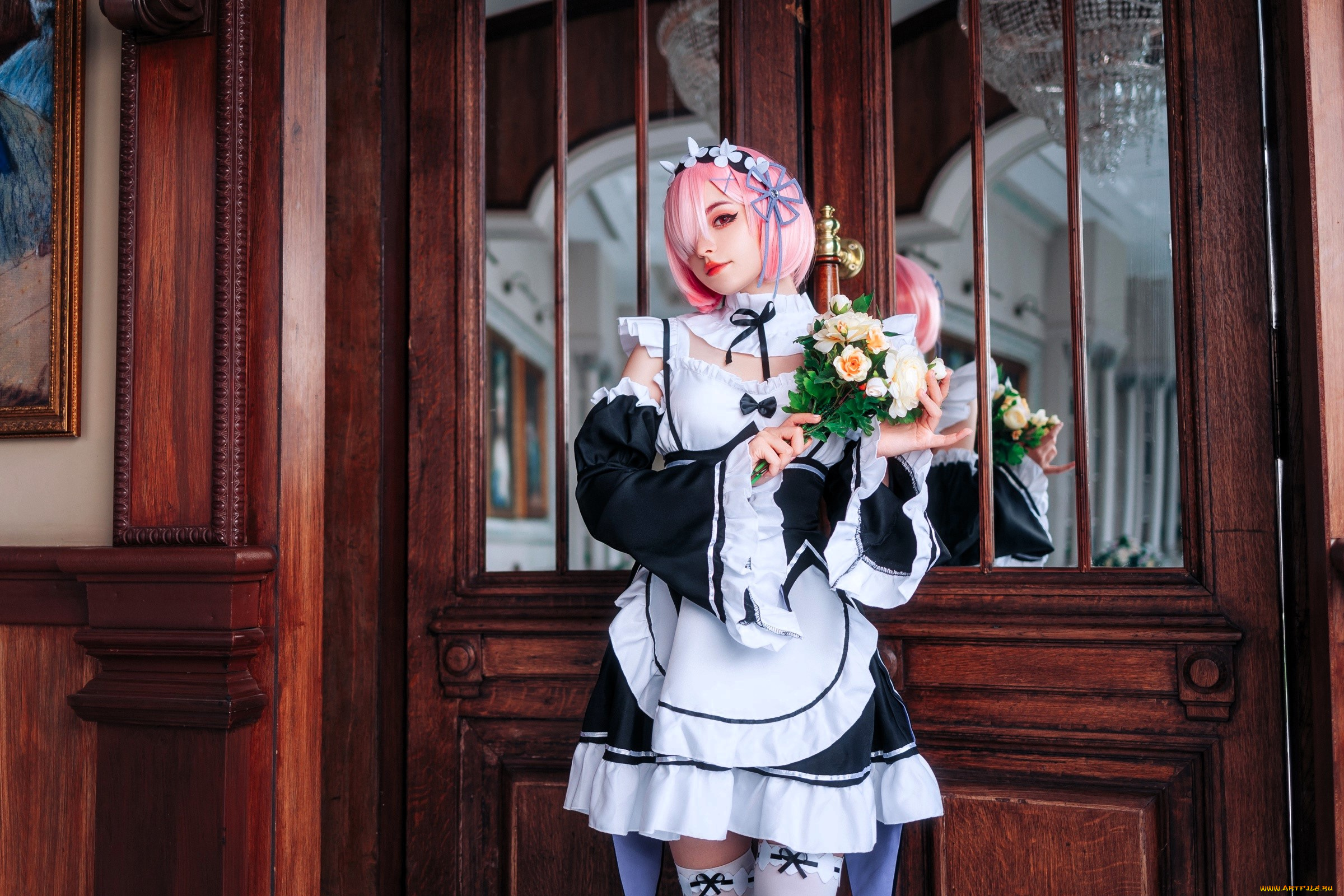 девушки, tenletters, образ, костюм, косплей, горничная, букет, двери