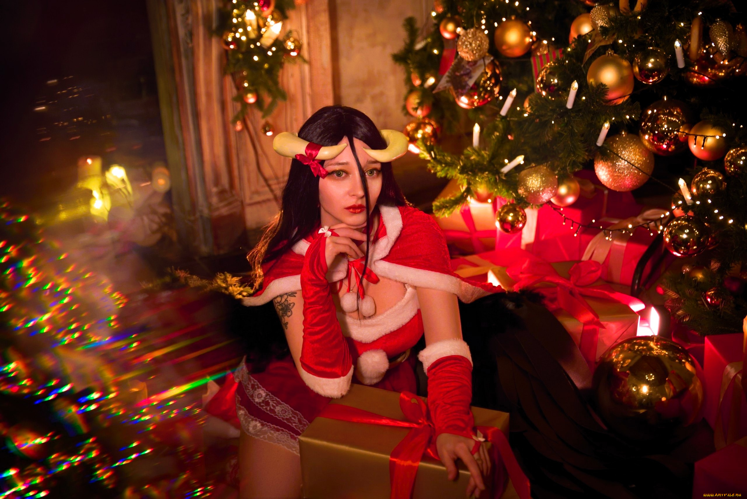 девушки, -, креатив, , косплей, образ, костюм, косплей, ёлка, подарки, рога, новый, год