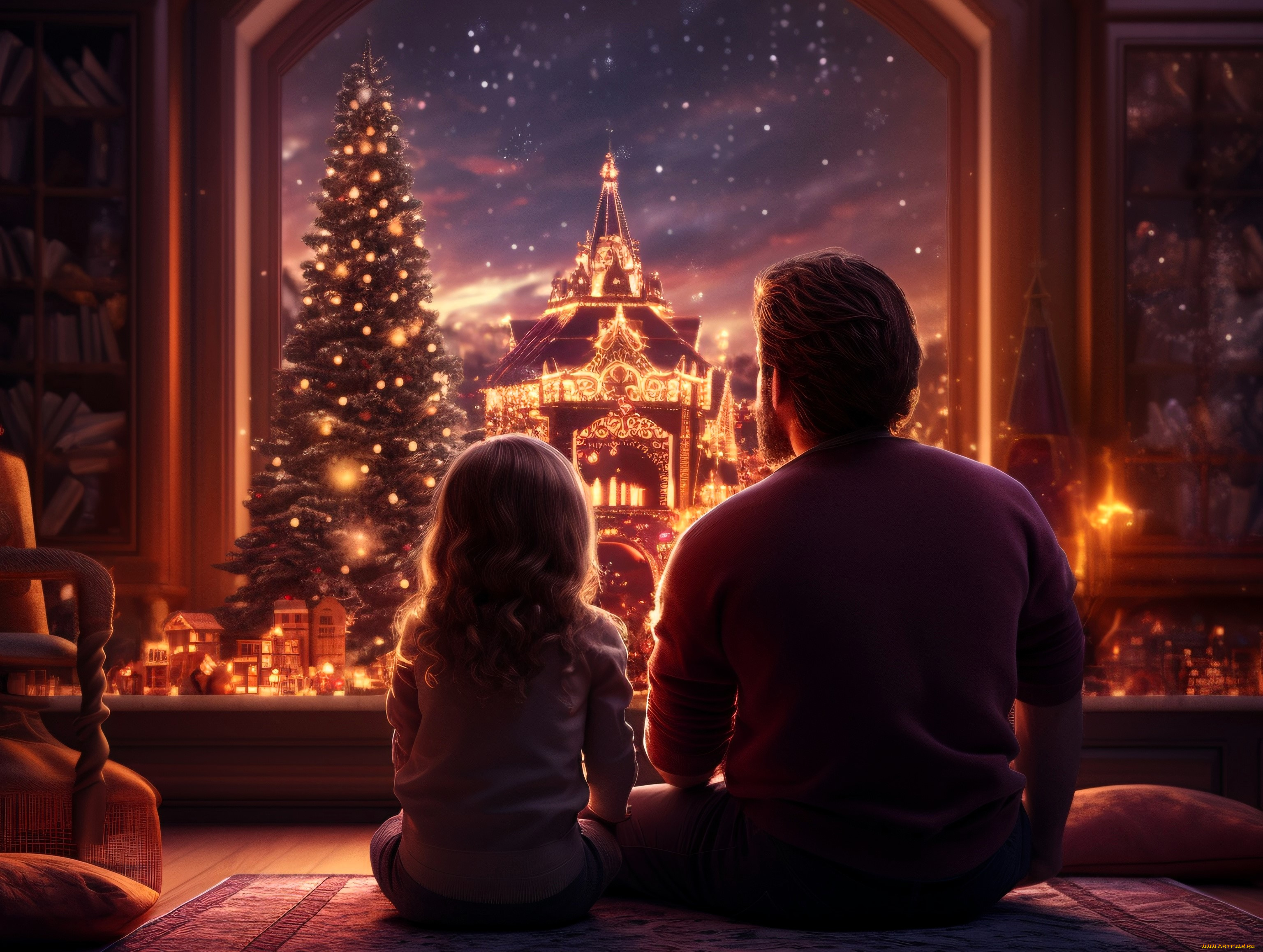 разное, компьютерный, дизайн, папа, дочка, ковер, окно, ёлка, подарки, огни, храм