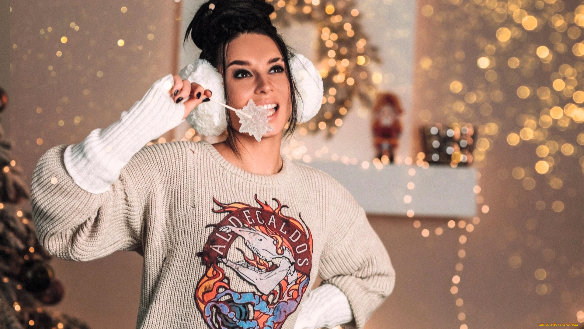 девушки, анна, шаховская, образ, косплей, наряд, звезда, наушники, свитер, ёлка, новый, год, украшения