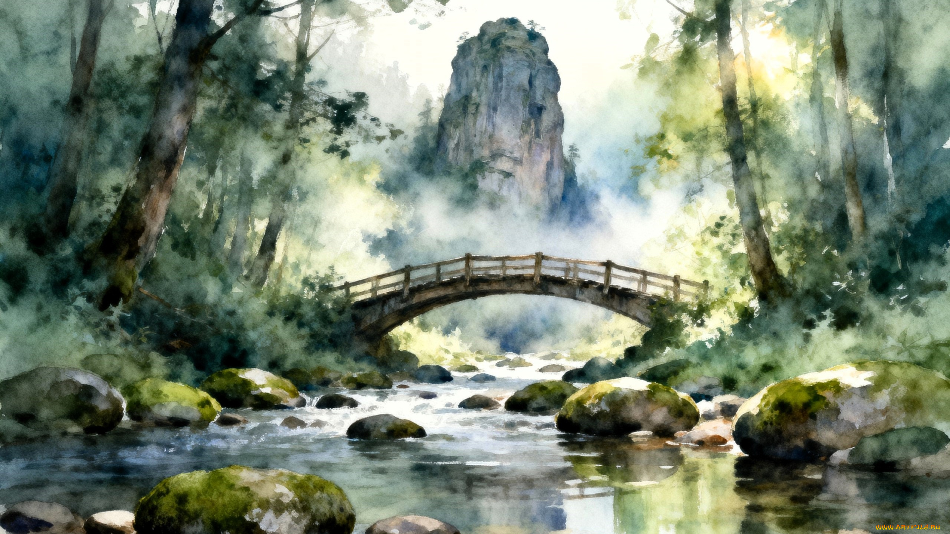 рисованное, природа, лес, мост, гора, ручей, камни