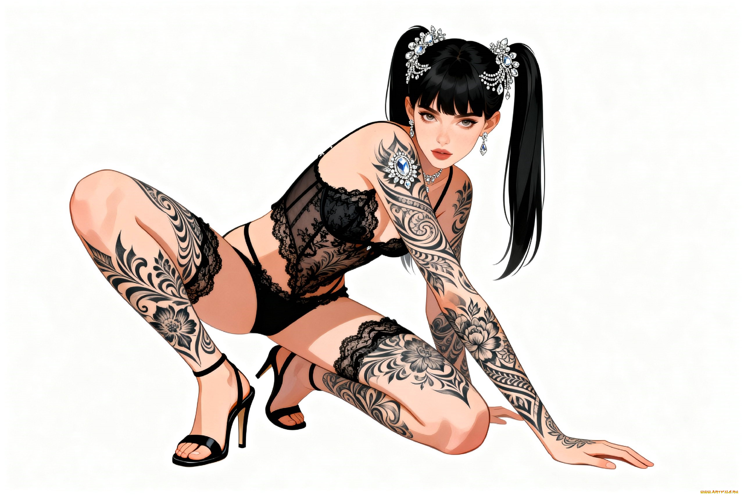 рисованное, люди, девушка, брюнетка, украшения, тату, белье, босоножки