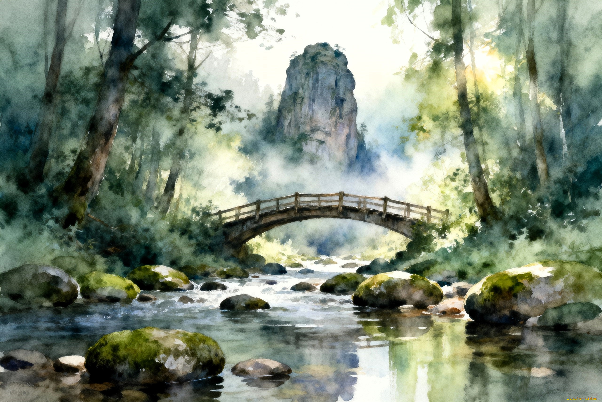 рисованное, природа, лес, мост, гора, ручей, камни