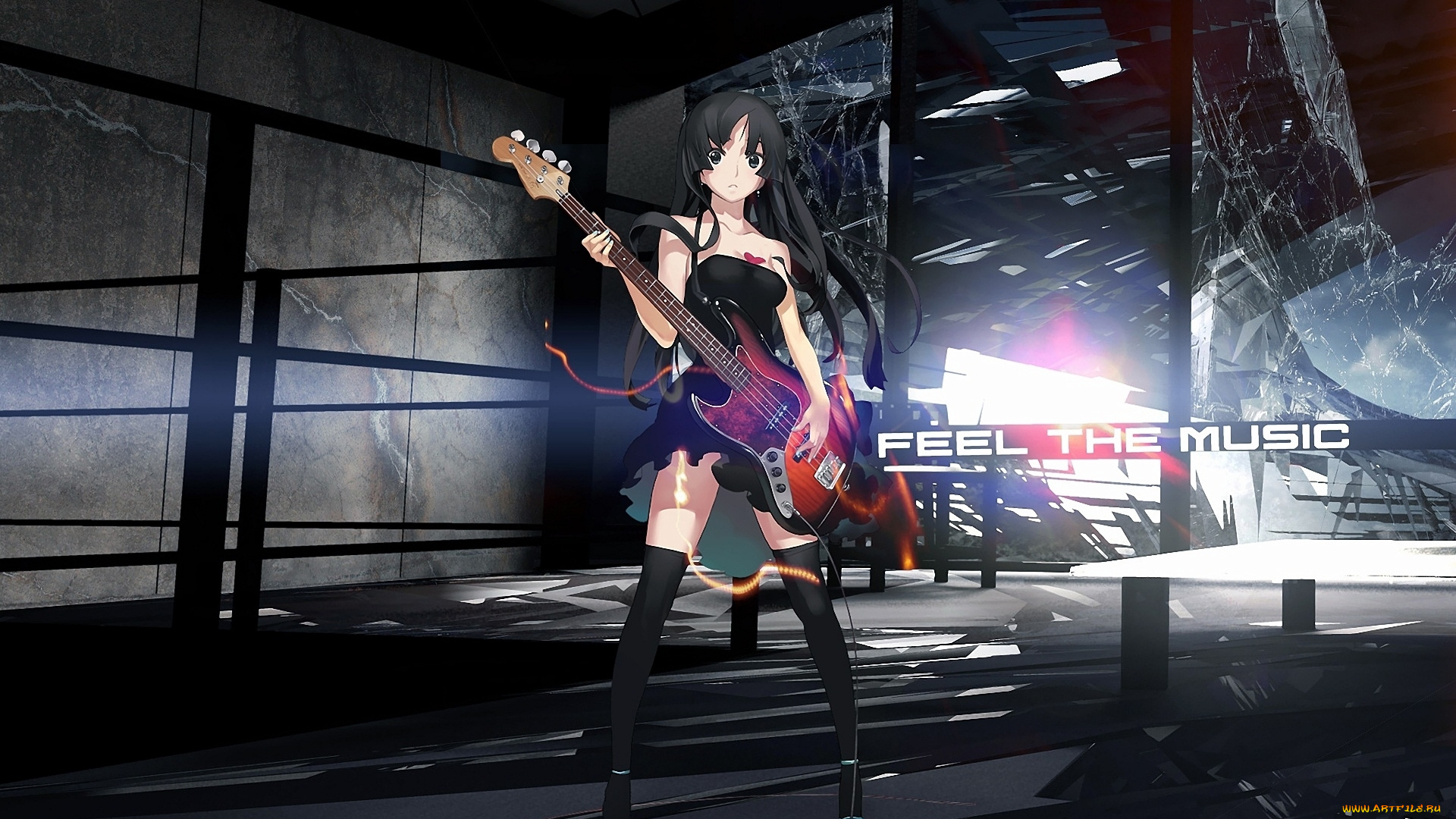 аниме, on, девушка, гитара, рендеринг, надпись, стекло